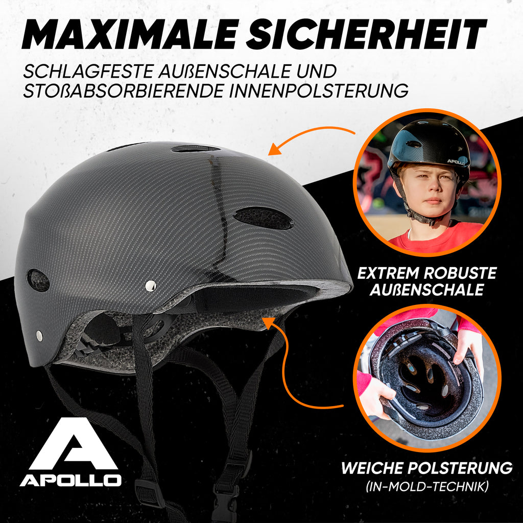 Apollo - Skatehelm, Multi Sport Helm Herren, Damen, Kinder, Kinderfahrradhelm verstellbar - Dark Carbon