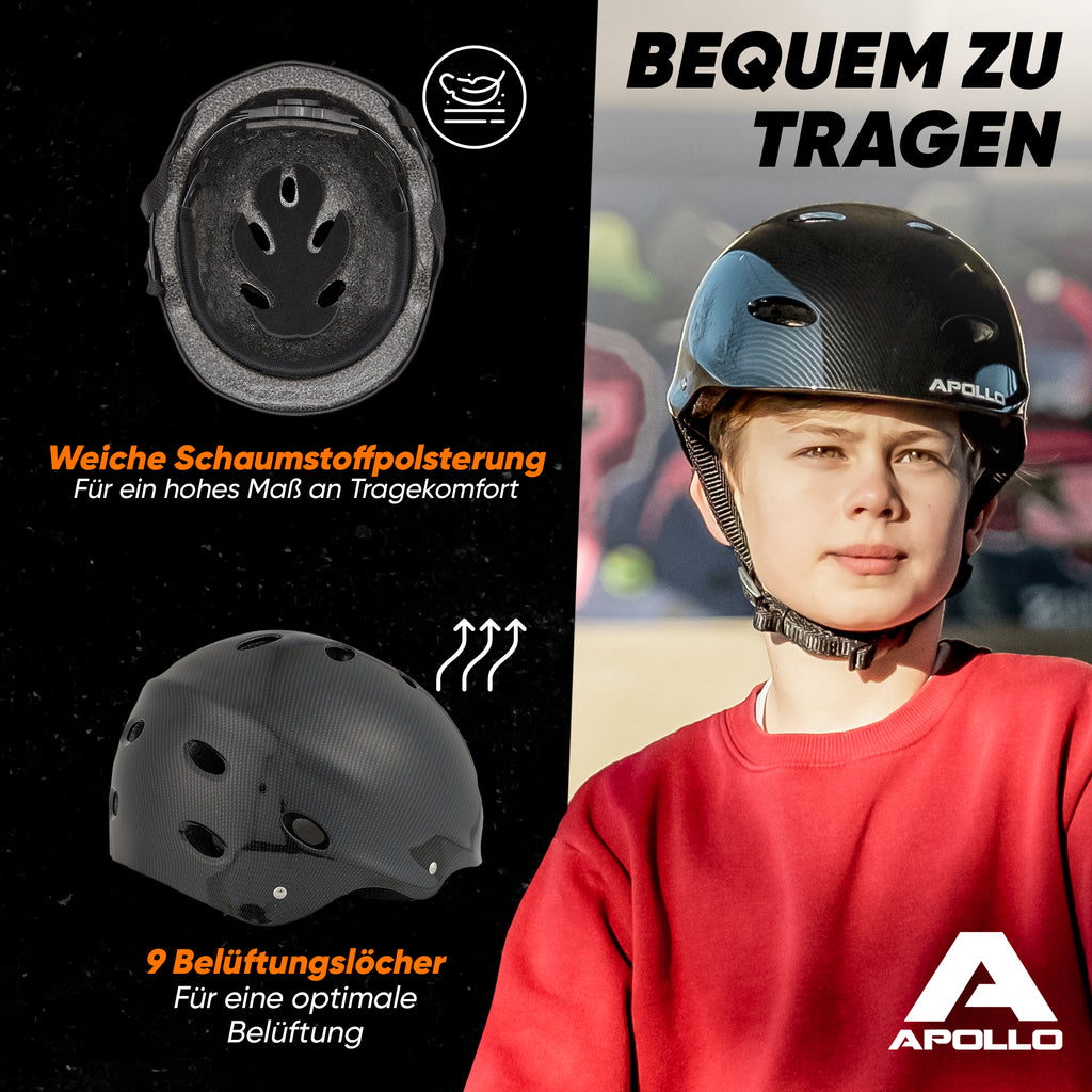 Apollo - Skatehelm, Multi Sport Helm Herren, Damen, Kinder, Kinderfahrradhelm verstellbar - Dark Carbon