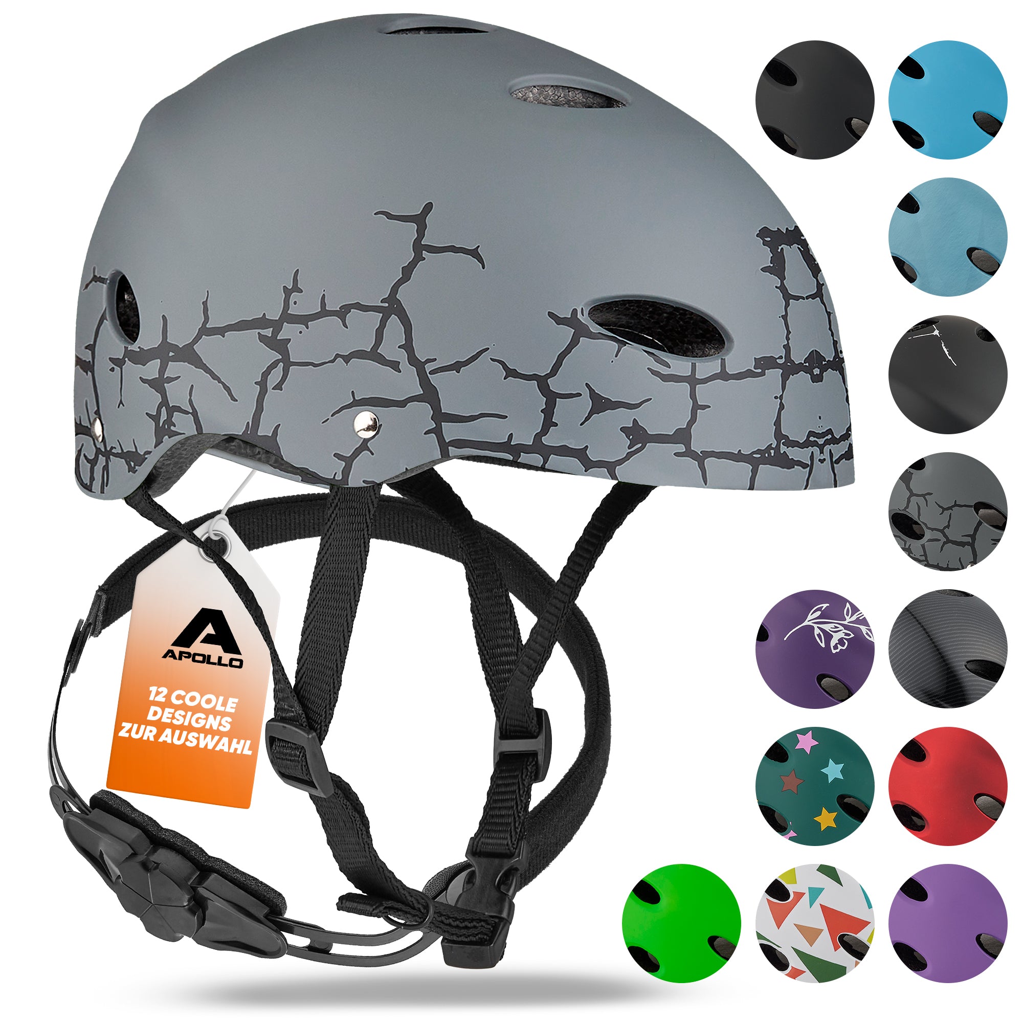 Apollo - Skatehelm, Multi Sport Helm Herren, Damen, Kinder, Kinderfahrradhelm verstellbar - Cracked