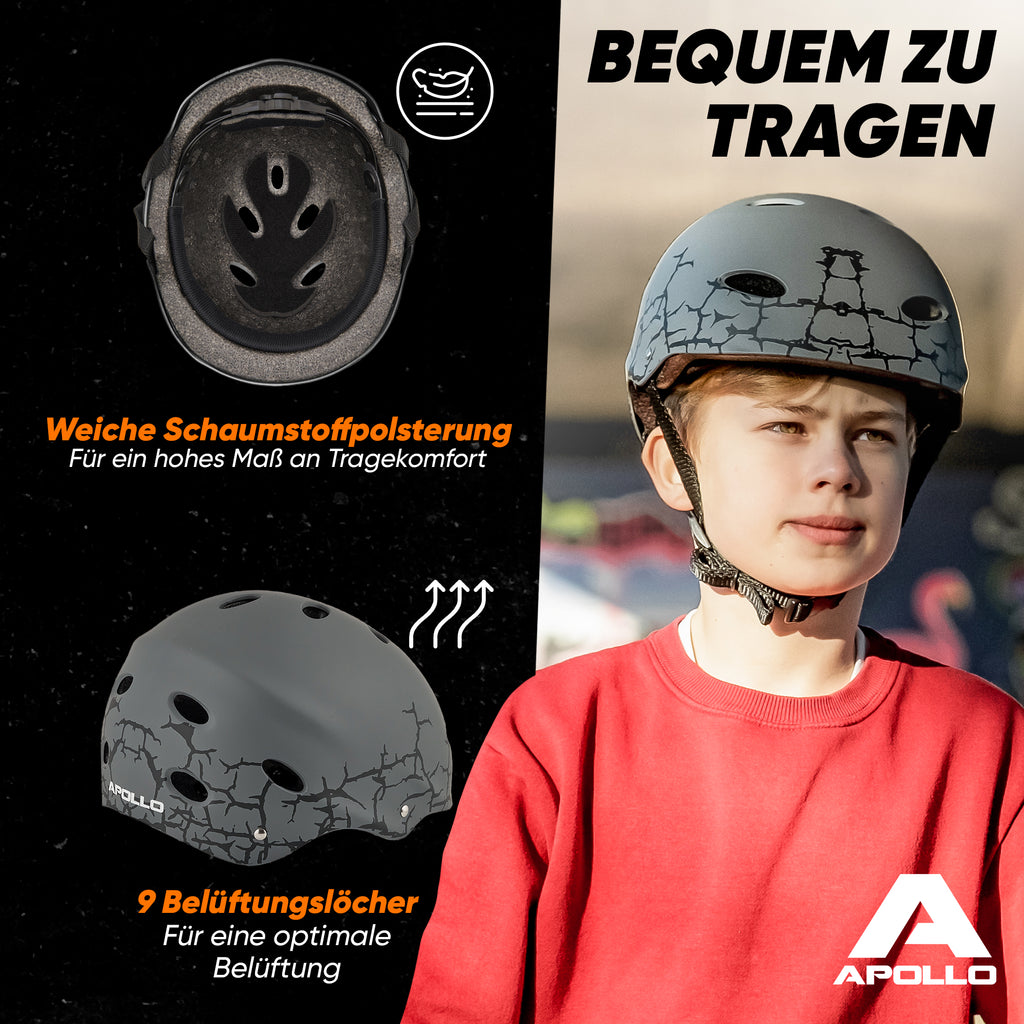 Apollo - Skatehelm, Multi Sport Helm Herren, Damen, Kinder, Kinderfahrradhelm verstellbar - Cracked