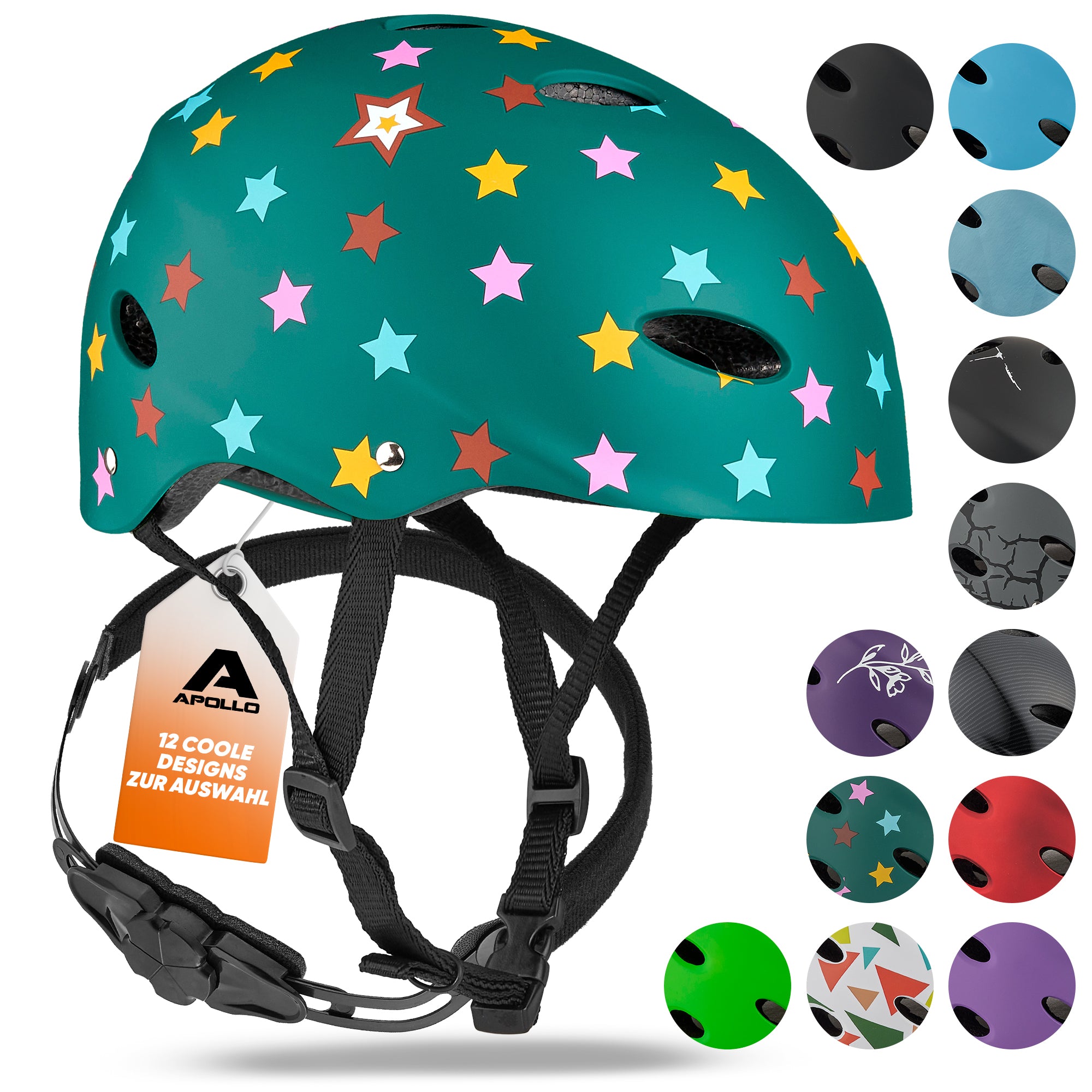 Apollo - Skatehelm, Multi Sport Helm Herren, Damen, Kinder, Kinderfahrradhelm verstellbar - Stars