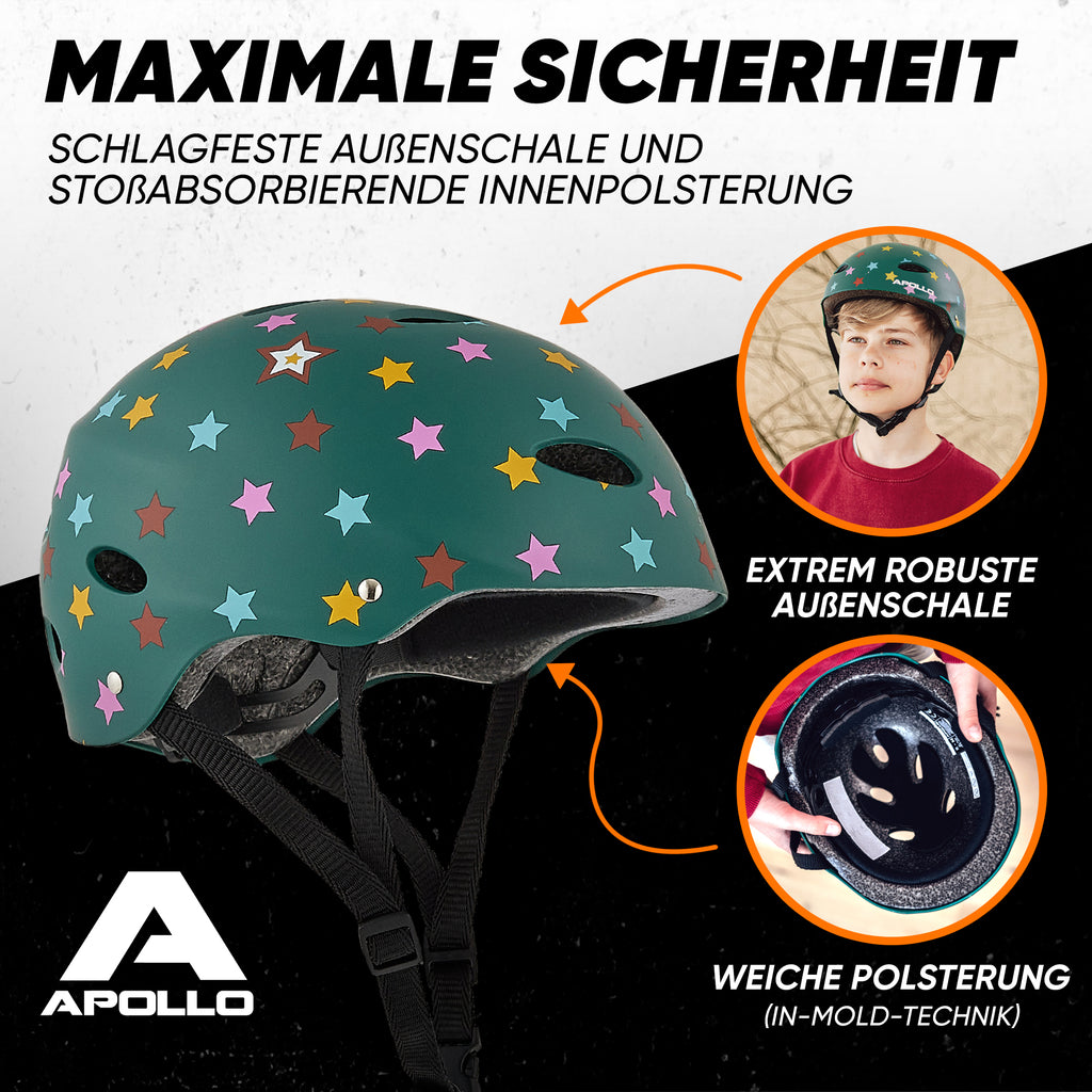 Apollo - Skatehelm, Multi Sport Helm Herren, Damen, Kinder, Kinderfahrradhelm verstellbar - Stars