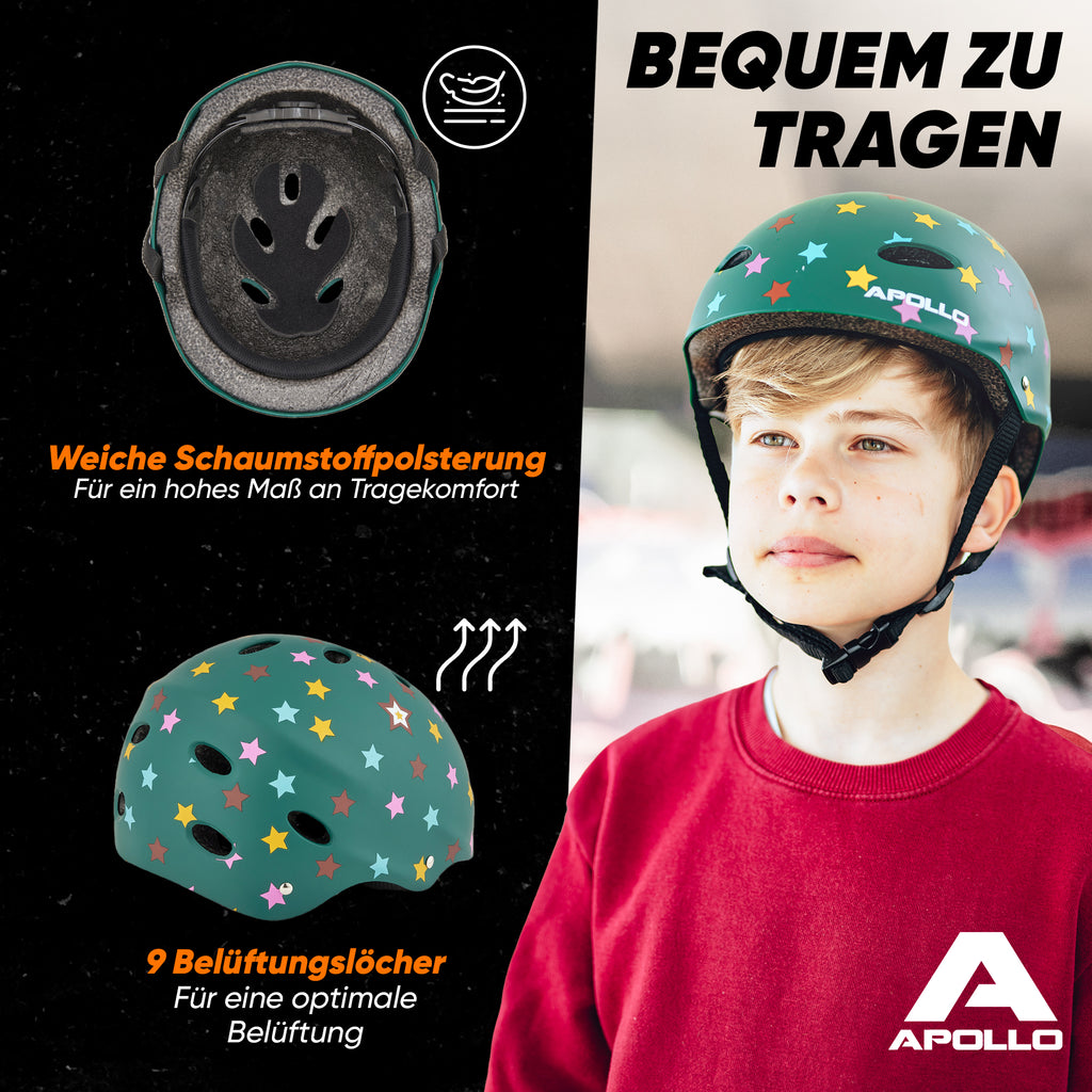 Apollo - Skatehelm, Multi Sport Helm Herren, Damen, Kinder, Kinderfahrradhelm verstellbar - Stars