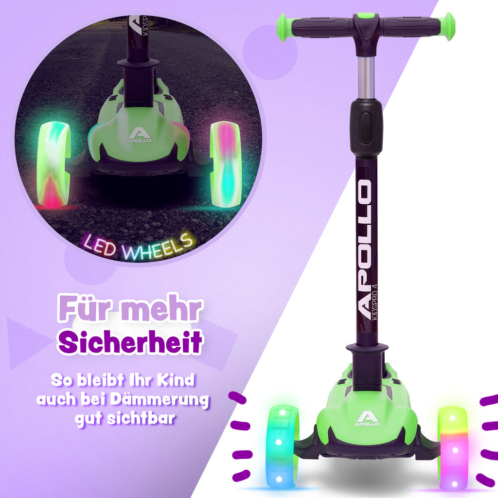 Apollo - Kinderscooter "KidsPro4" klappbarer LED Roller - Grün