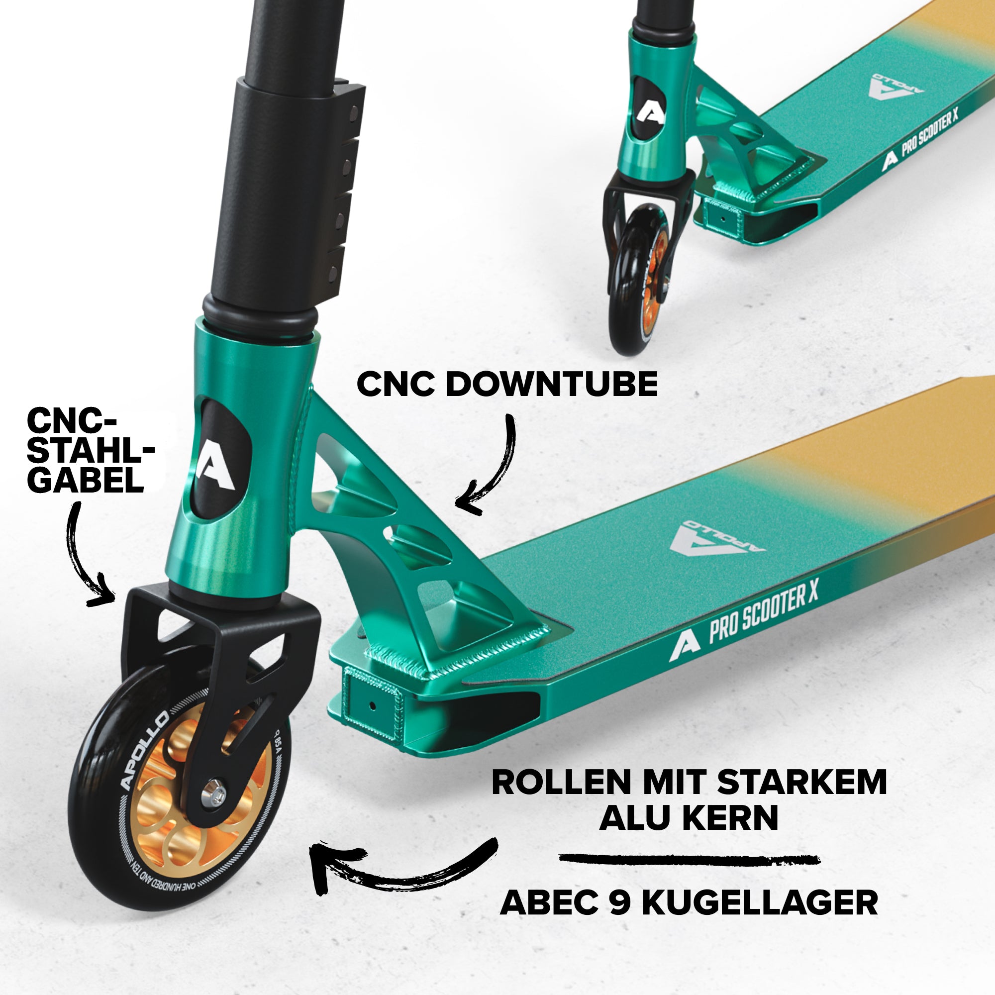 Apollo - High End Stunt Scooter - Genesis Pro X Stuntscooter mit ABEC 9 Kugellagern - Türkis Gold
