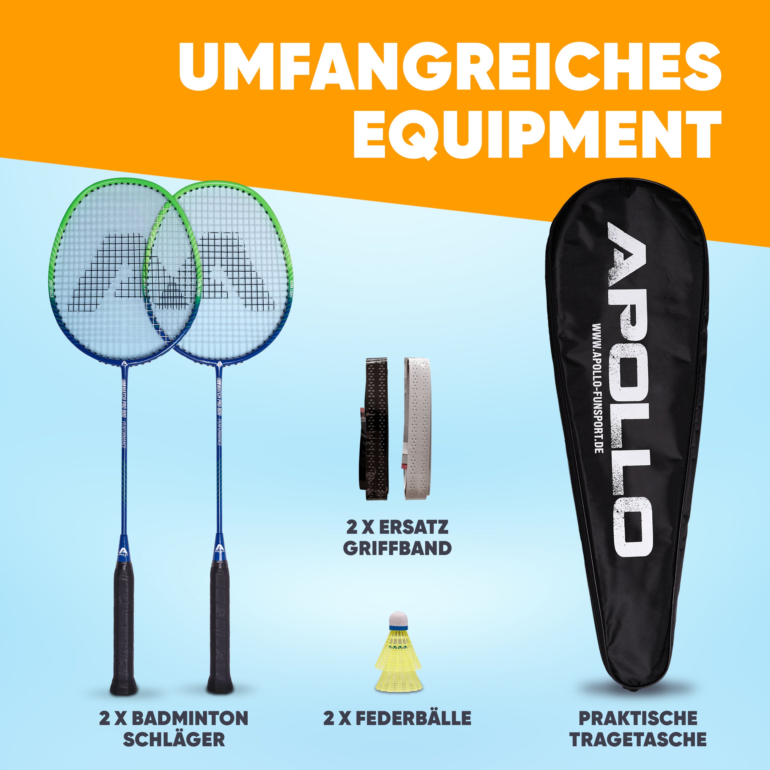 Apollo - Badminton Set Match Pro 800 - inkl. Tasche, 2x Schläger, Bälle - Blau Grün
