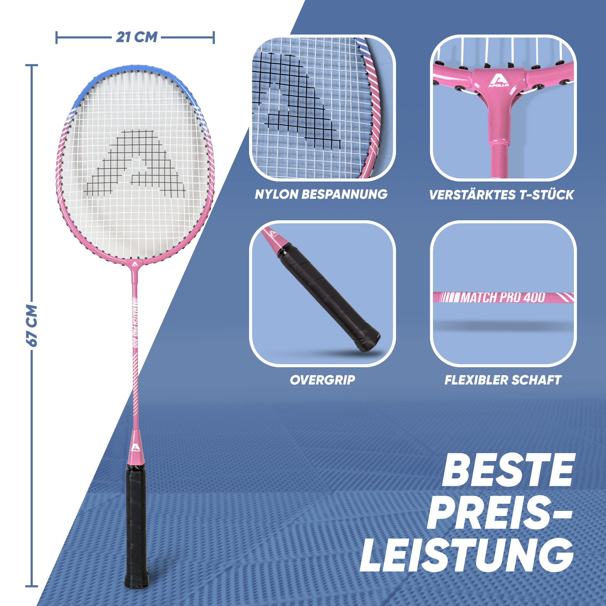 Apollo Funsport - Badminton Set Match Pro 400 - inkl. Tasche, 2x Schläger, Bälle - Blue Pink
