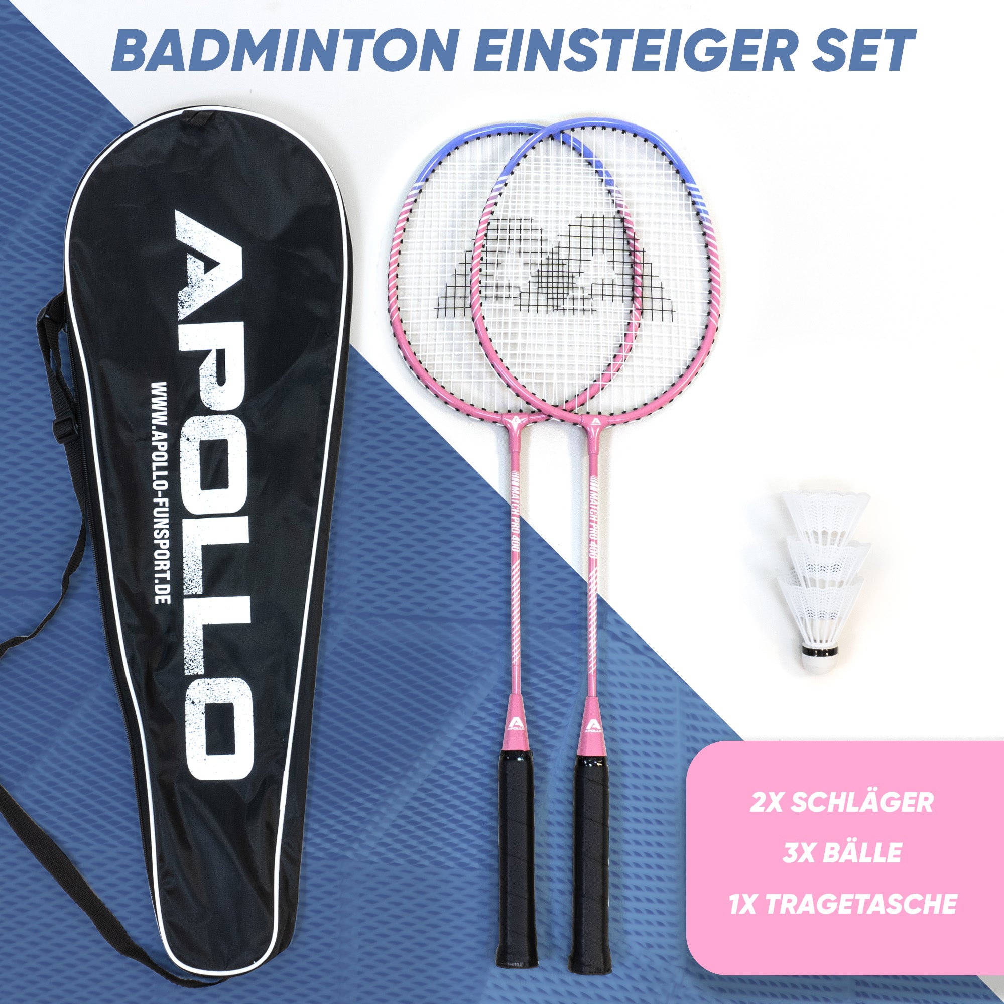 Apollo Funsport - Badminton Set Match Pro 400 - inkl. Tasche, 2x Schläger, Bälle - Blue Pink