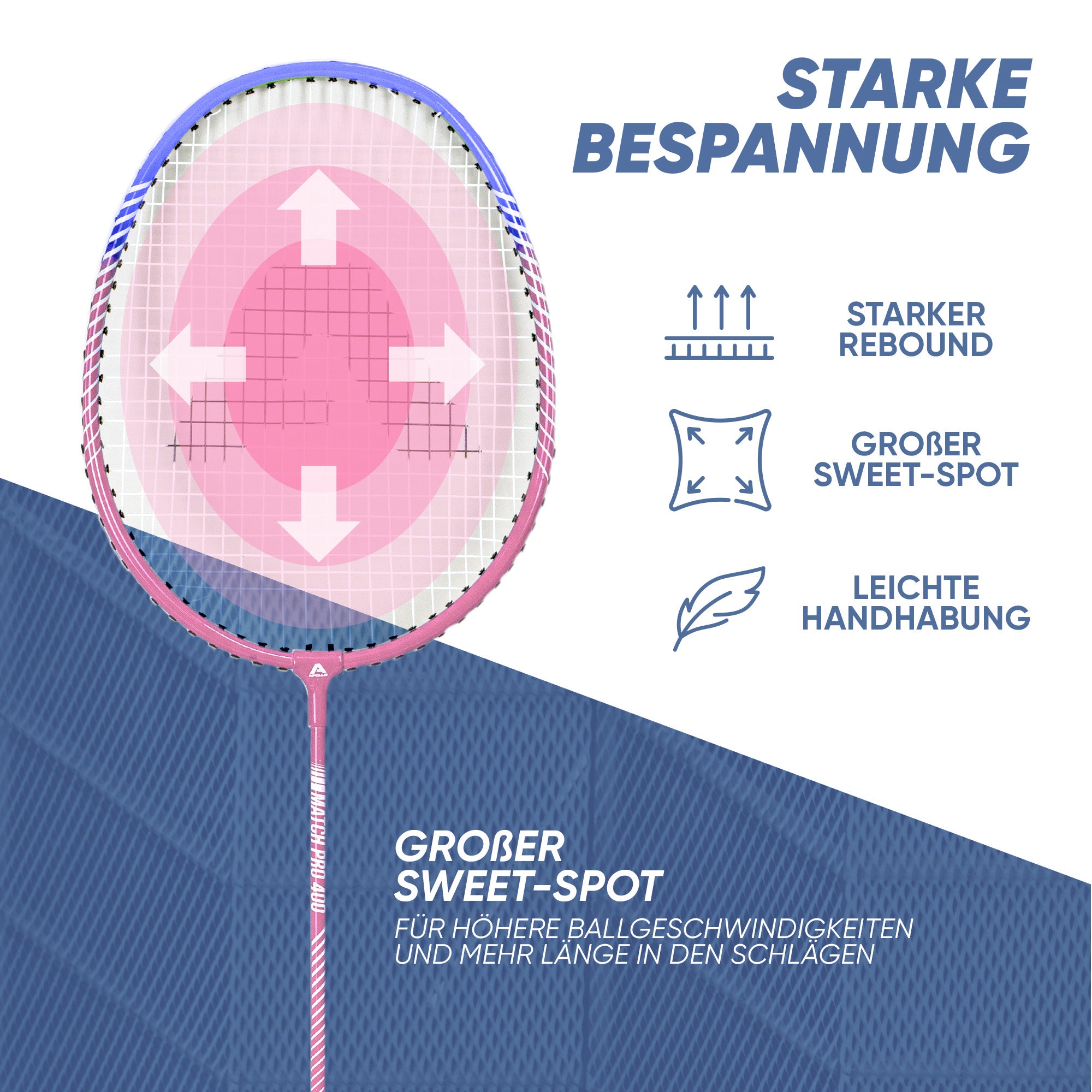 Apollo Funsport - Badminton Set Match Pro 400 - inkl. Tasche, 2x Schläger, Bälle - Blue Pink