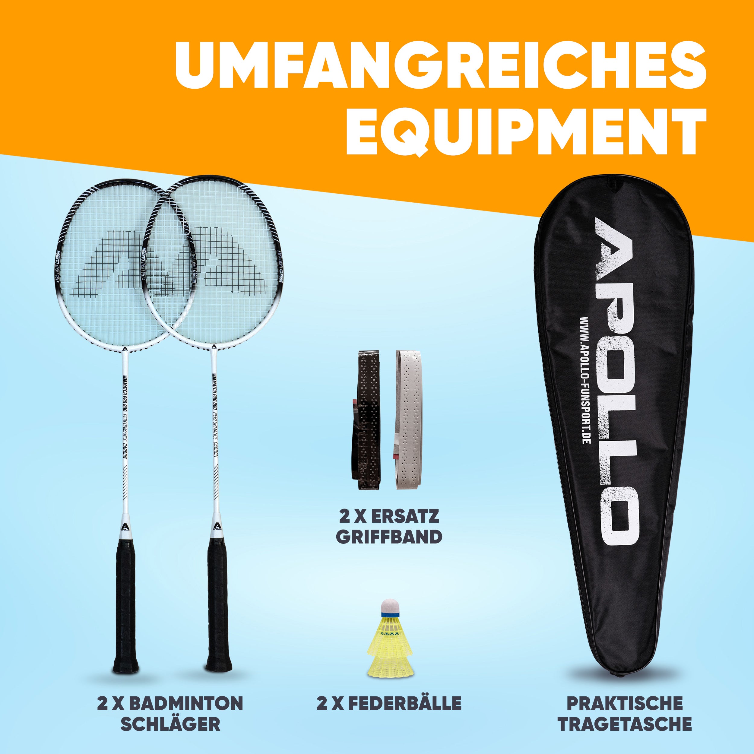Apollo - Badminton Set Match Pro 800 - inkl. Tasche, 2x Schläger, Bälle - Weiß Schwarz