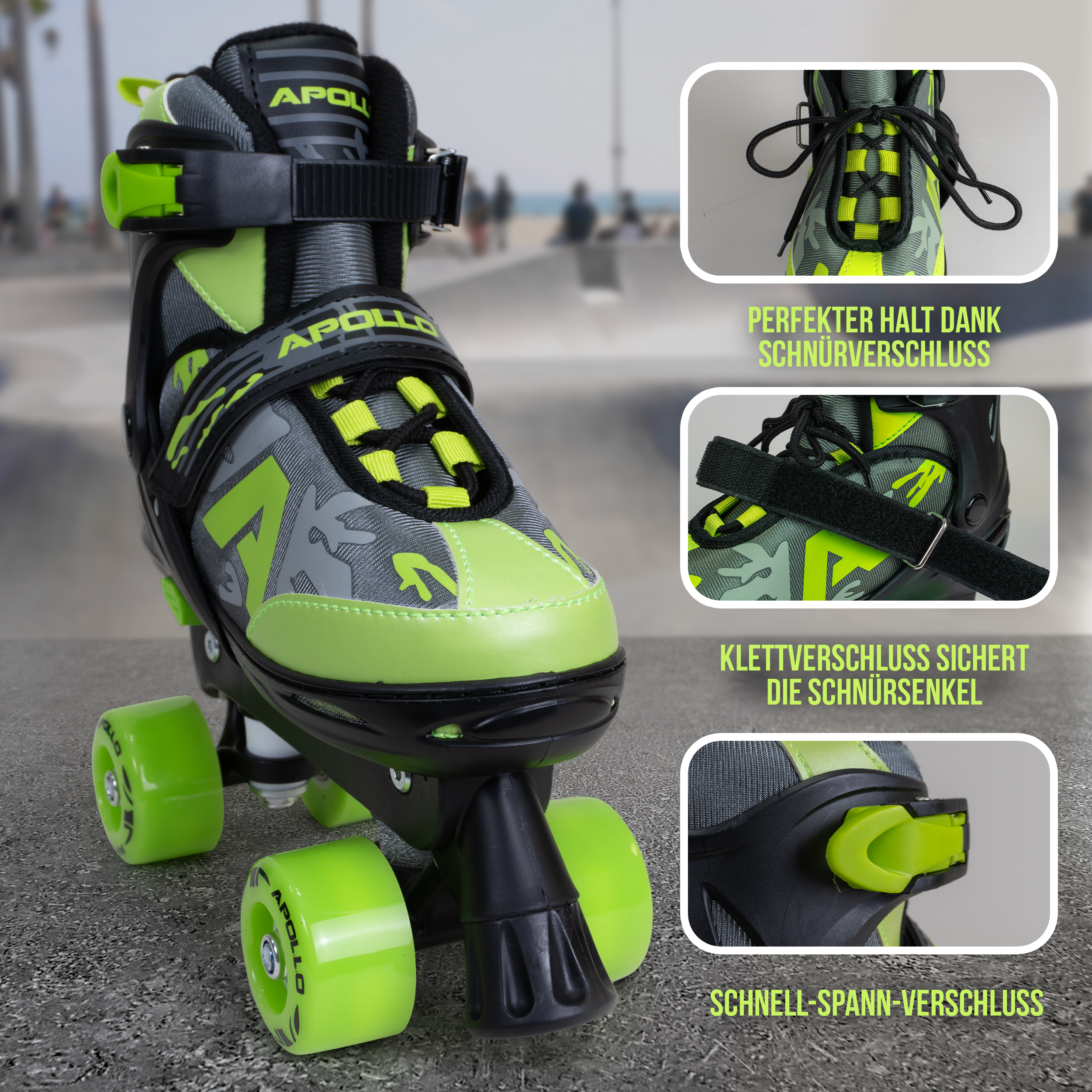 Apollo Funsport - Champion Adjustable Quad Skate - verstellbare Rollschuhe für Kinder & Jugendliche - Green