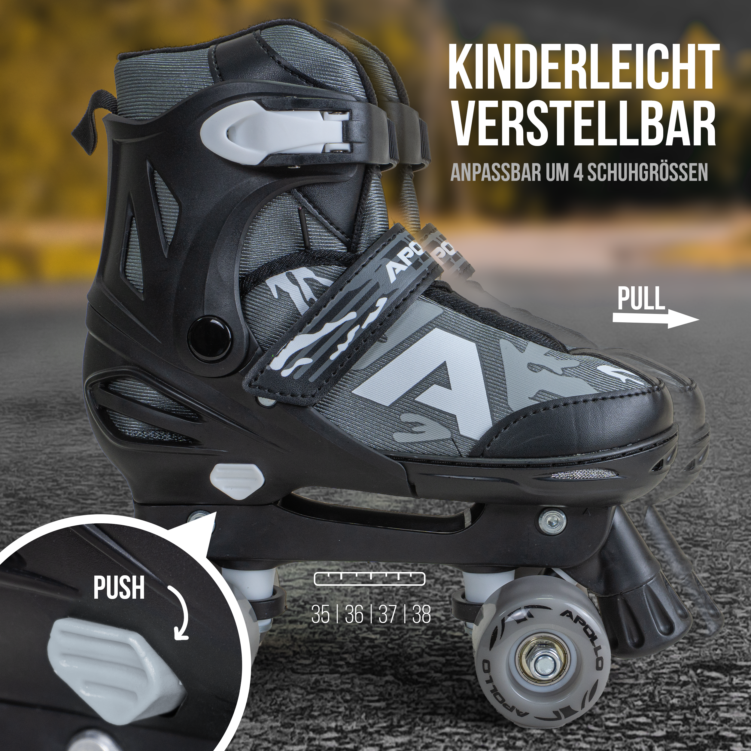 Apollo Funsport - Champion Adjustable Quad Skate - verstellbare Rollschuhe für Kinder & Jugendliche - Black