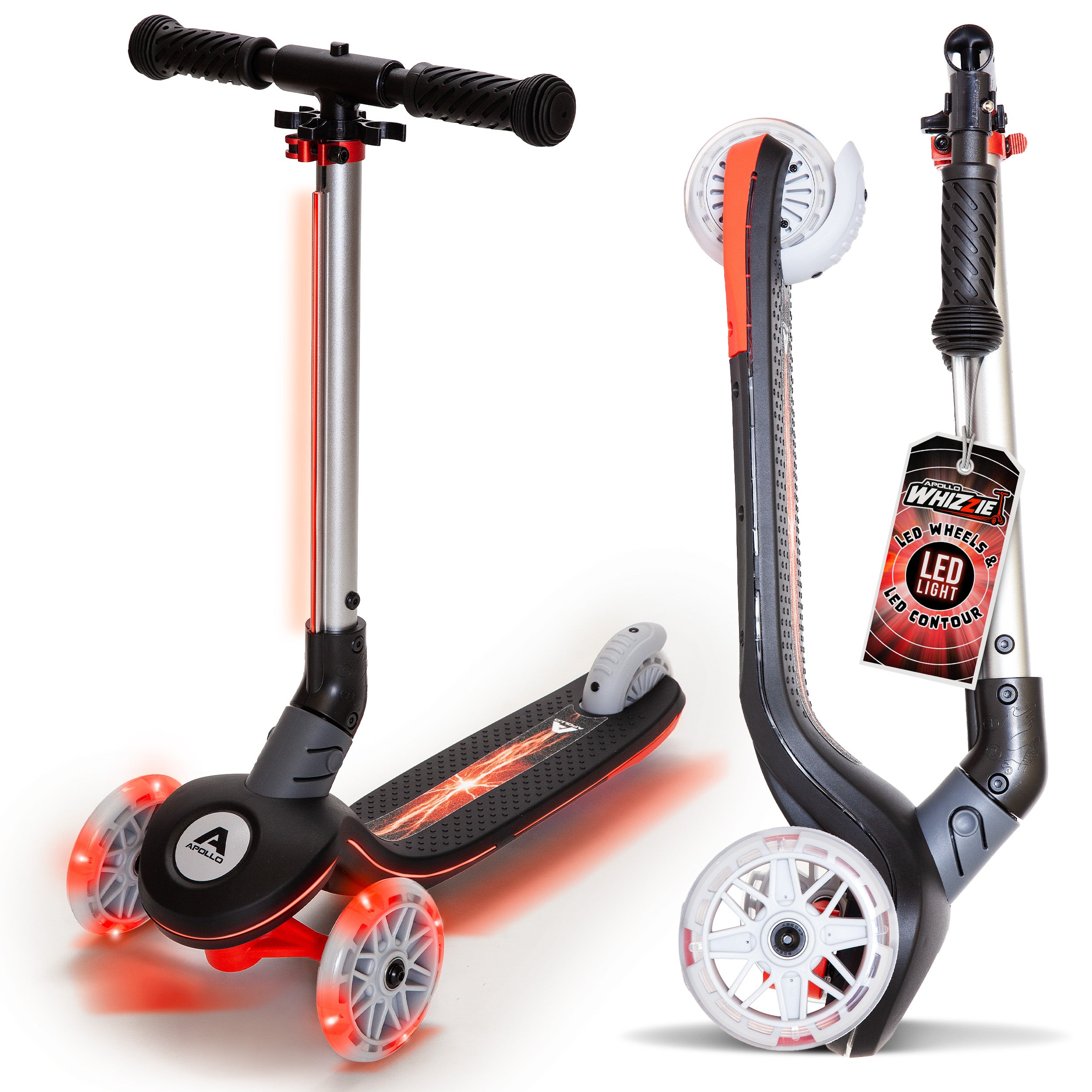 Apollo Funsport - Apollo Whizzie LED Kinderroller, höhenverstellbarer Dreiradscooter für Kinder ab 3 Jahre - Black Blaze