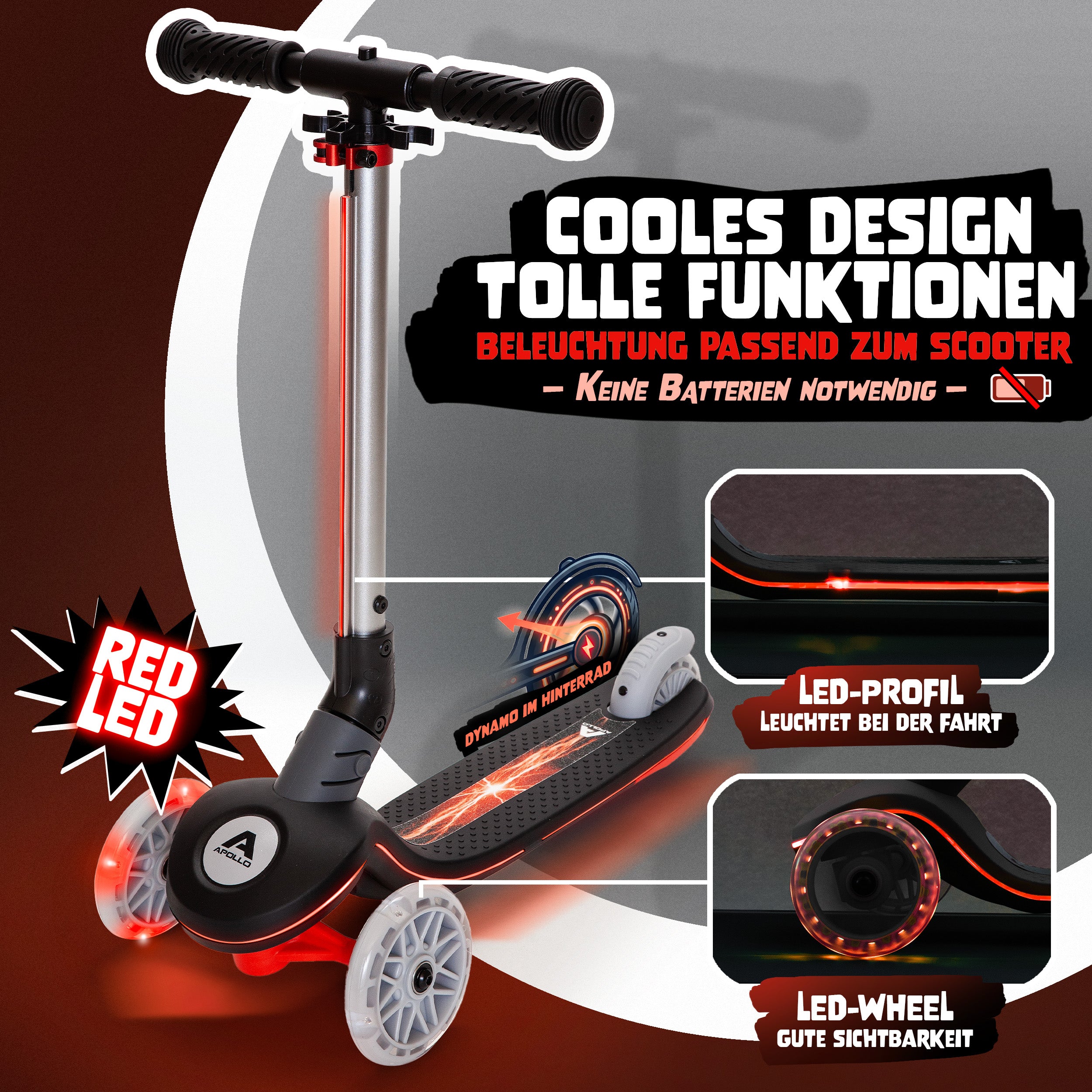 Apollo Funsport - Apollo Whizzie LED Kinderroller, höhenverstellbarer Dreiradscooter für Kinder ab 3 Jahre - Black Blaze