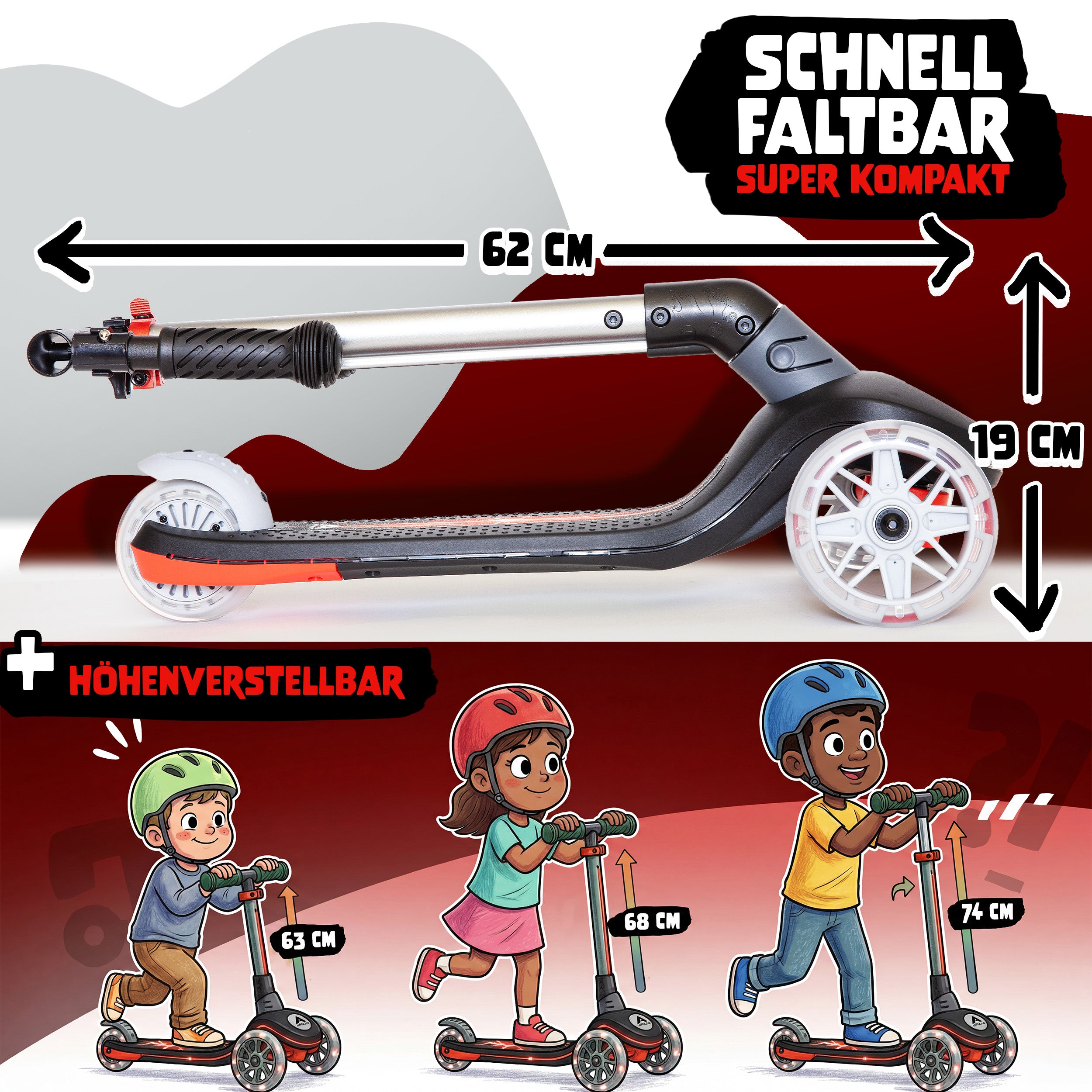 Apollo Funsport - Apollo Whizzie LED Kinderroller, höhenverstellbarer Dreiradscooter für Kinder ab 3 Jahre - Black Blaze