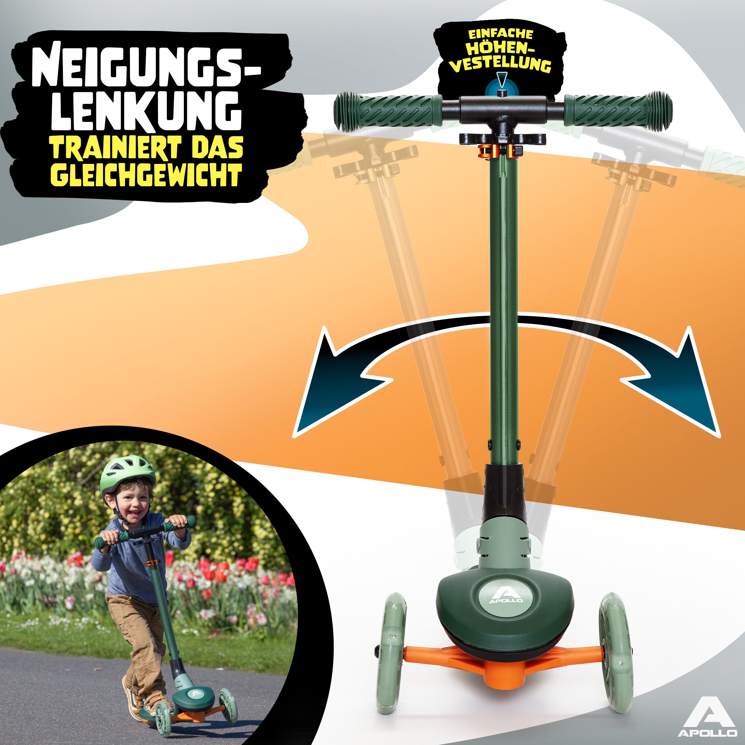 Apollo Funsport - Apollo Whizzie LED Kinderroller, höhenverstellbarer Dreiradscooter für Kinder ab 3 Jahre - Croco