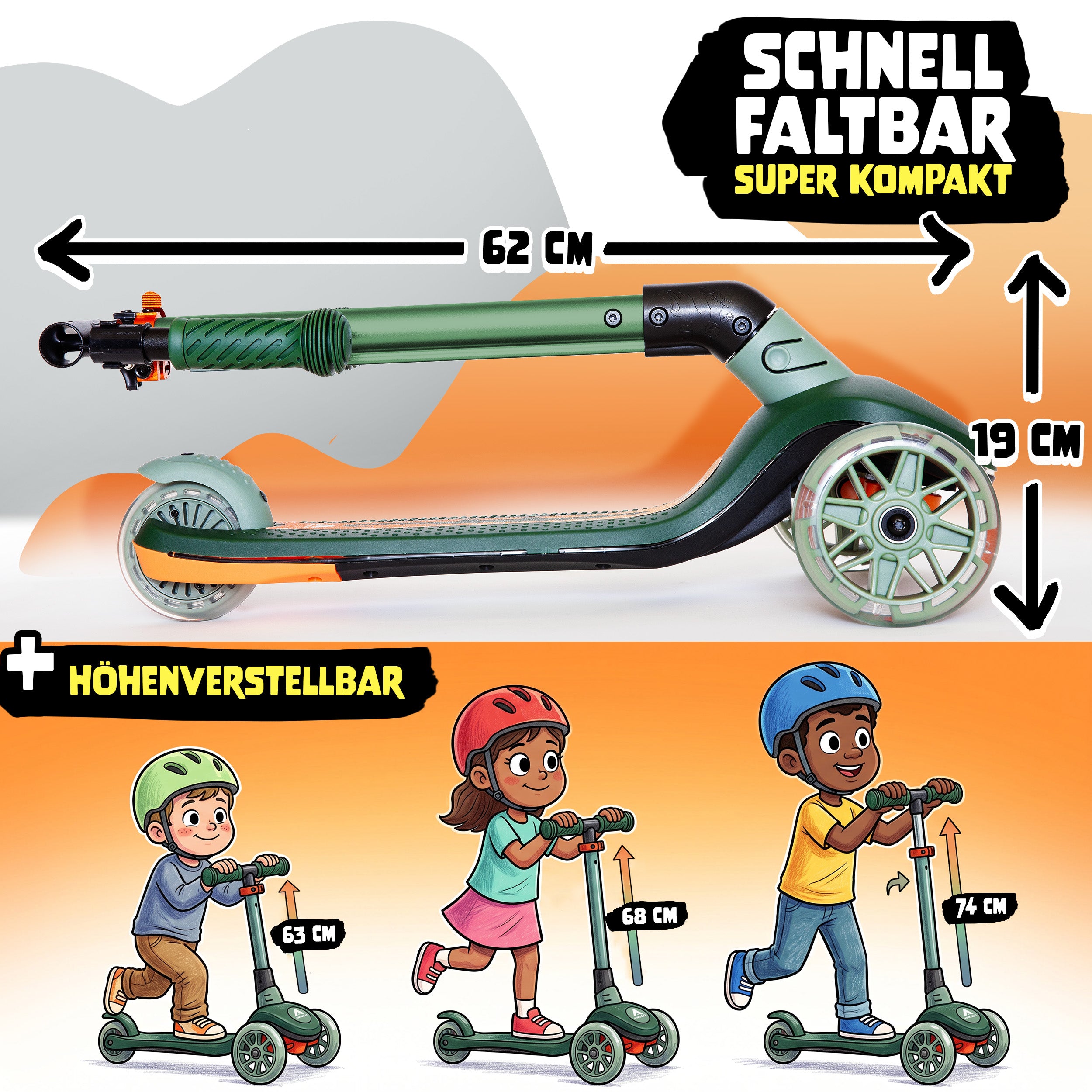 Apollo Funsport - Apollo Whizzie LED Kinderroller, höhenverstellbarer Dreiradscooter für Kinder ab 3 Jahre - Croco