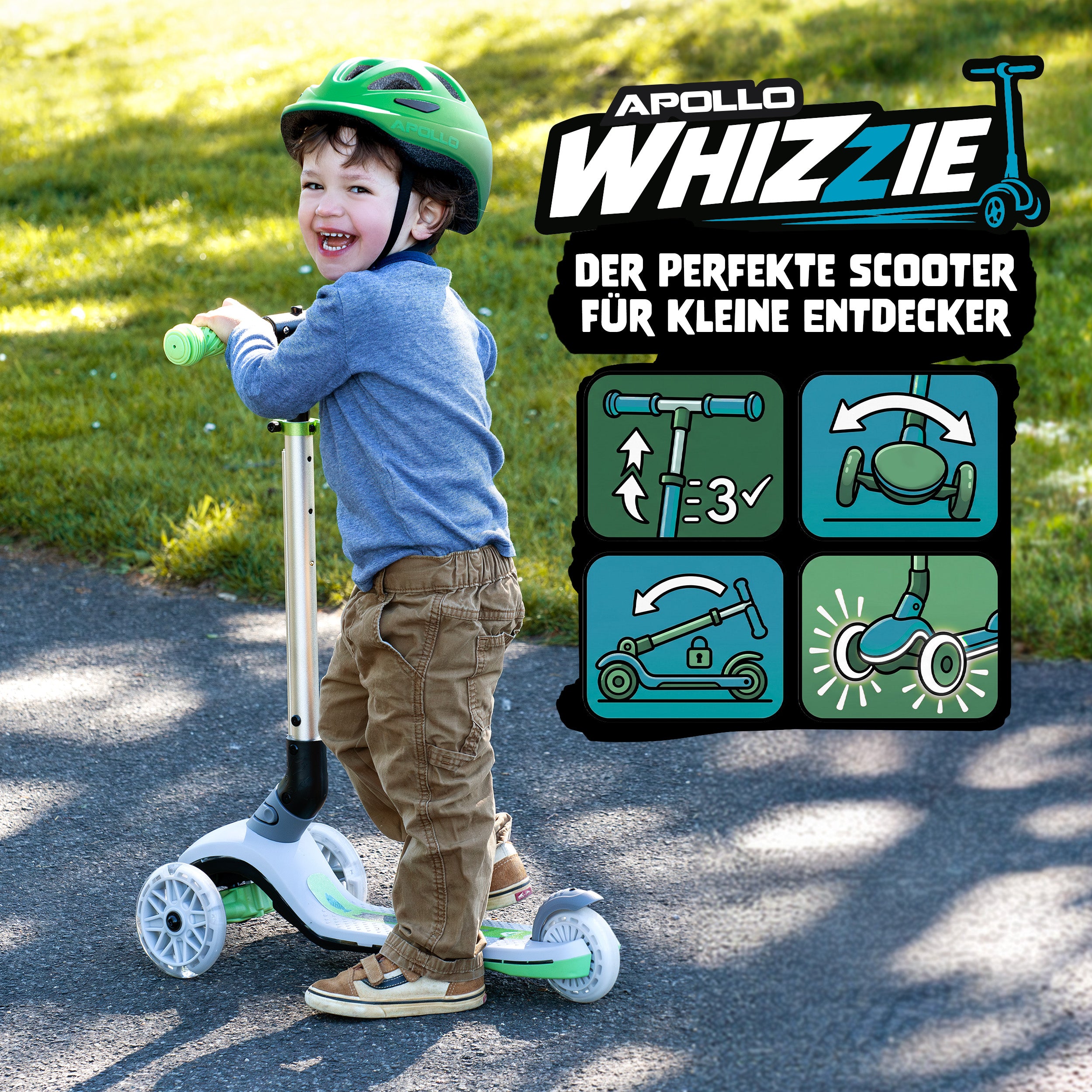 Apollo Funsport - Apollo Whizzie LED Kinderroller, höhenverstellbarer Dreiradscooter für Kinder ab 3 Jahre - Cat
