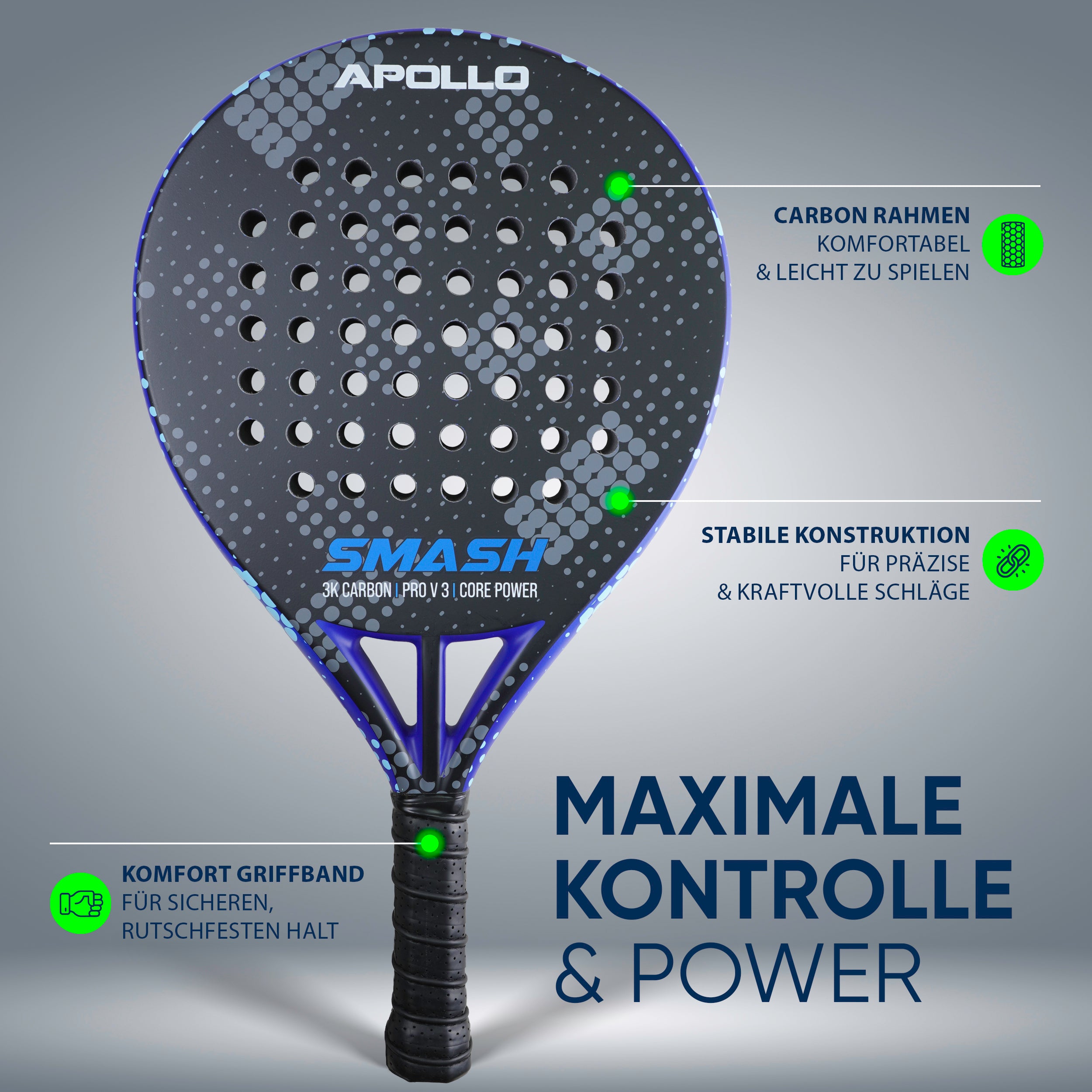 Apollo Funsport - Padelschläger / Padel Rackets - 3K Smash - Silver Blue