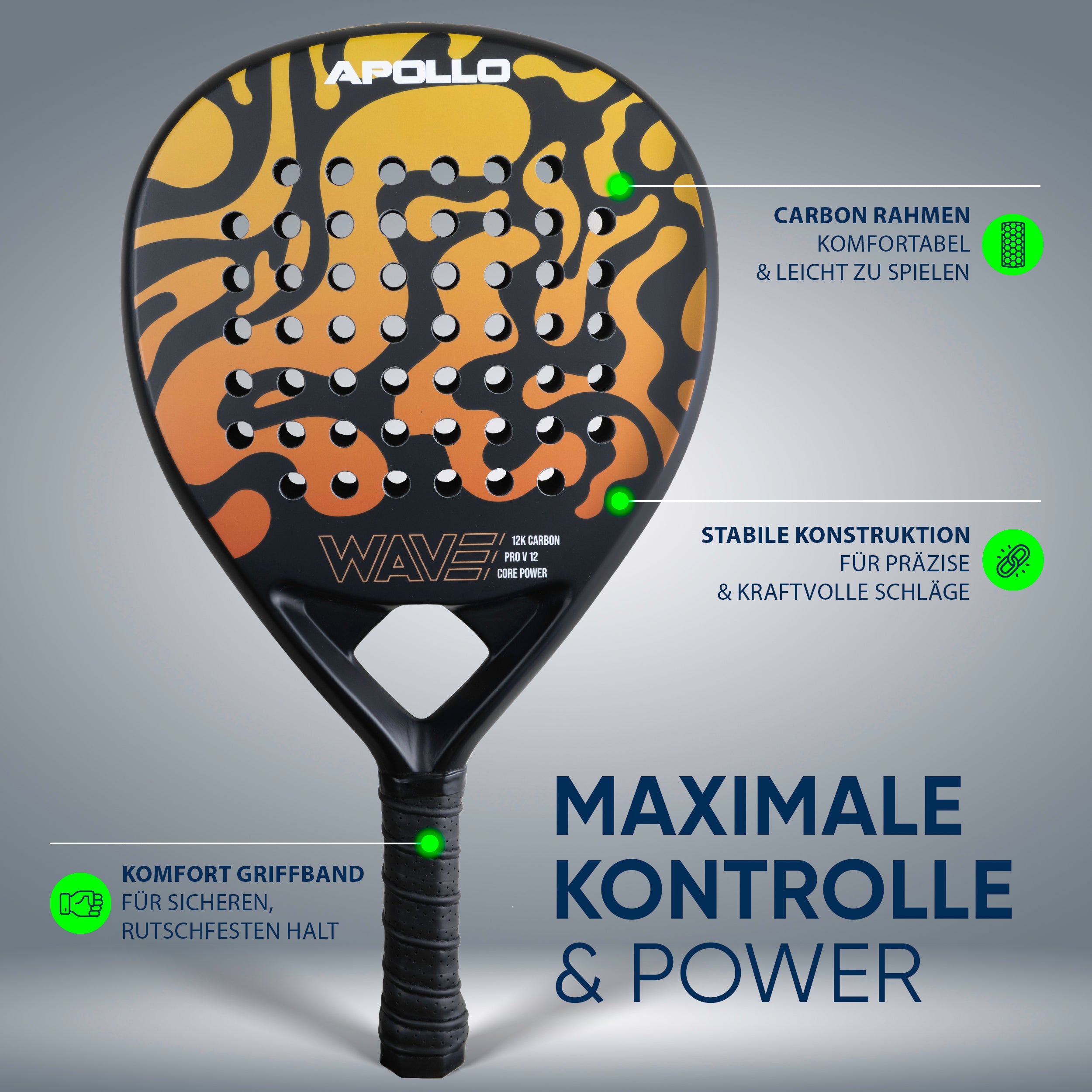 Apollo Funsport - Padelschläger / Padel Rackets - 12 K Wave - Orange Yellow
