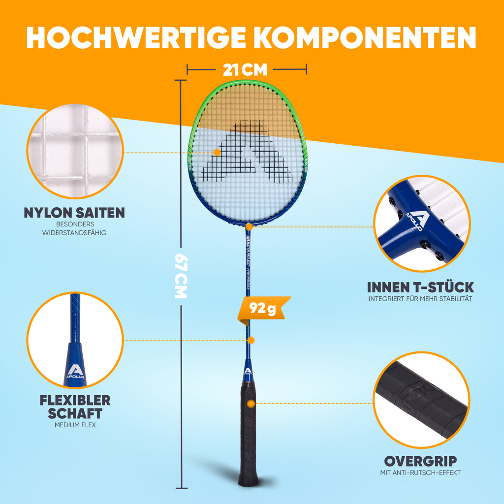 Apollo - Badminton Set Match Pro - inkl. Tasche, 2x Schläger, Bälle - Blau/Grün