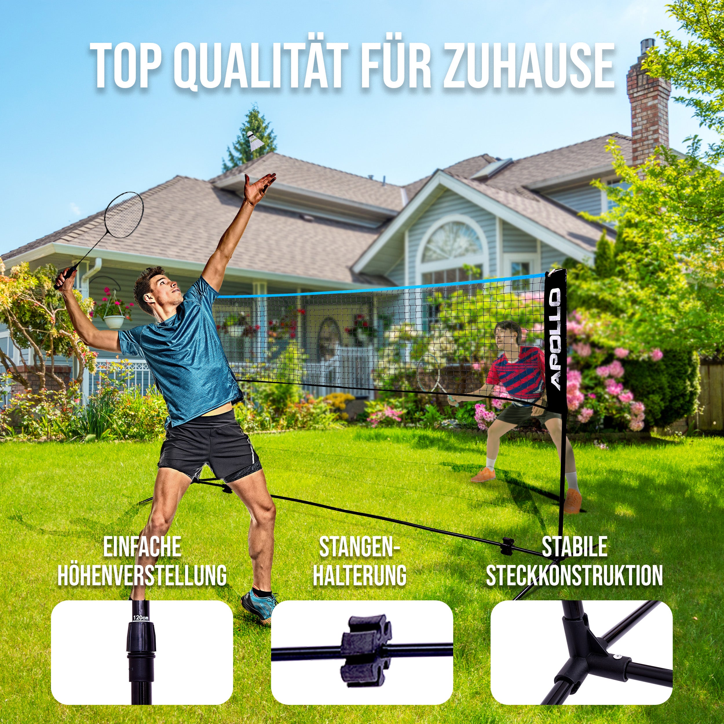 Apollo - Badminton Netz - Volleyball Netz, höhenverstellbar, verschiedene Breiten - Blau