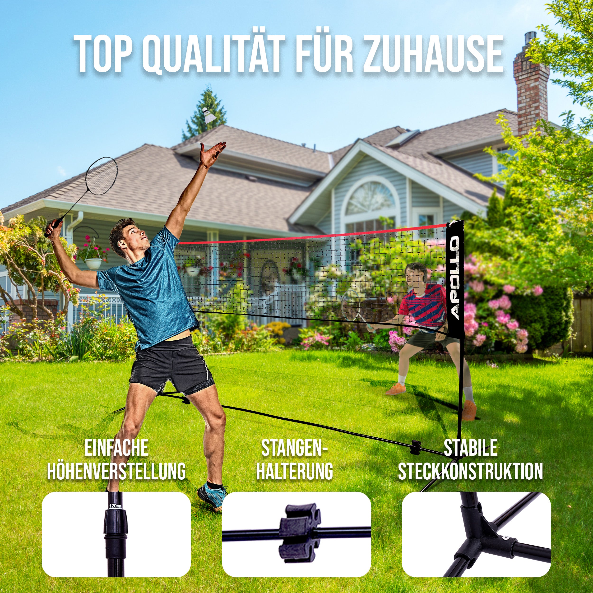 Apollo - Badminton Netz - Volleyball Netz, höhenverstellbar, verschiedene Breiten - Rot