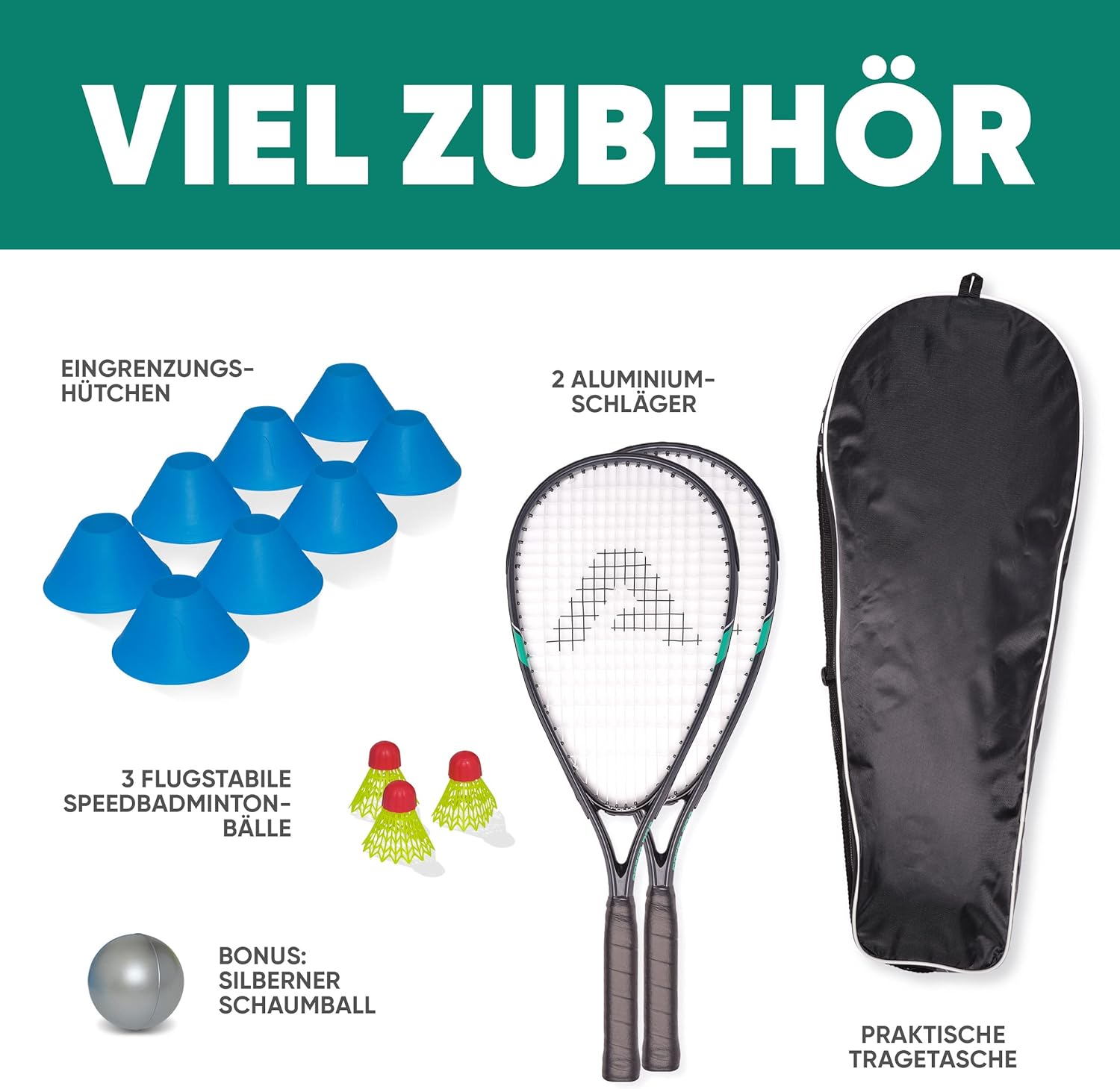 Apollo - Speed Badminton Set - inkl. Tasche, 2x Schläger, Bälle - Grau Mint