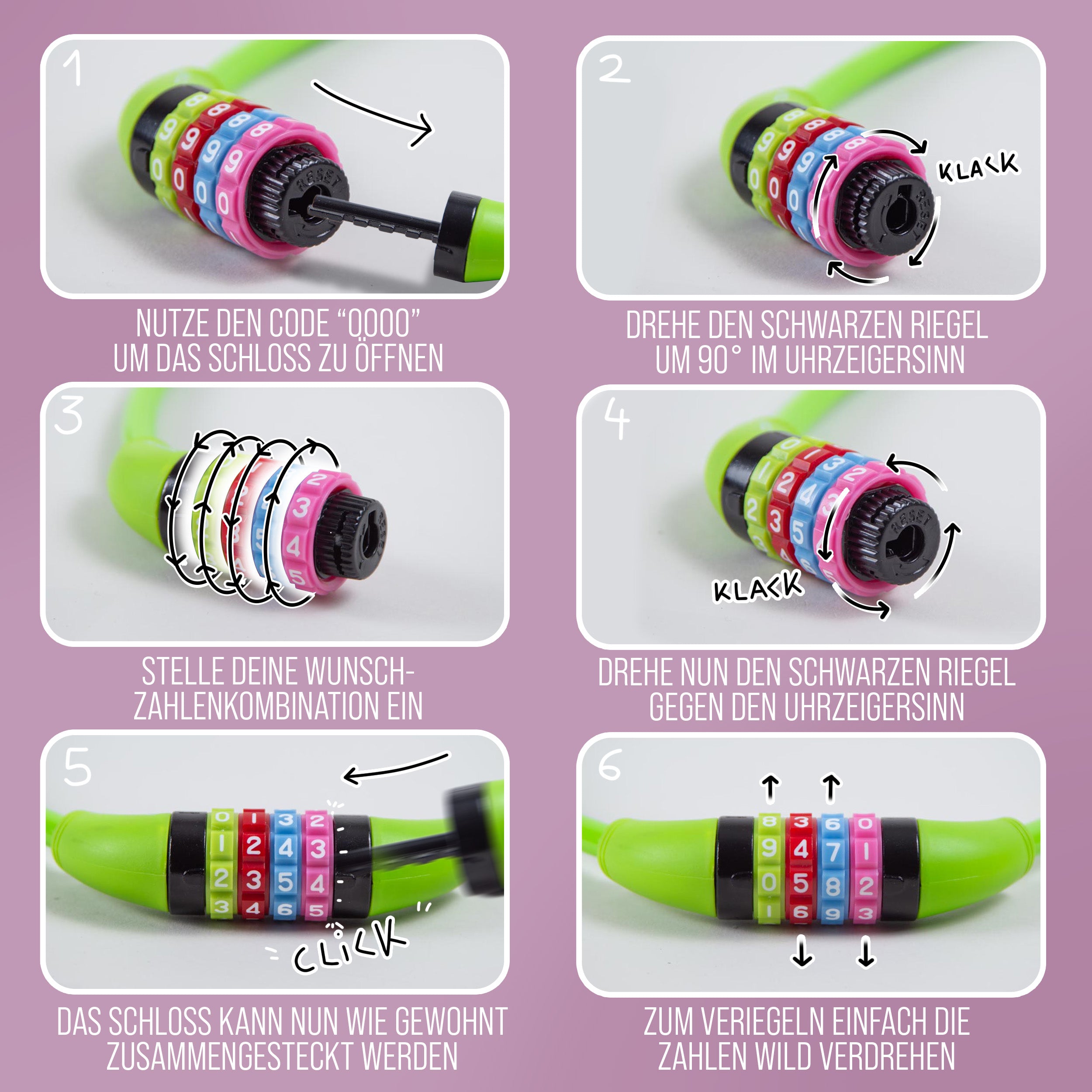 Apollo - Fahrradschloss mit Zahlen für Kinder, 10x650 mm, Scooter Schloss,Zahlenschloss - Grün