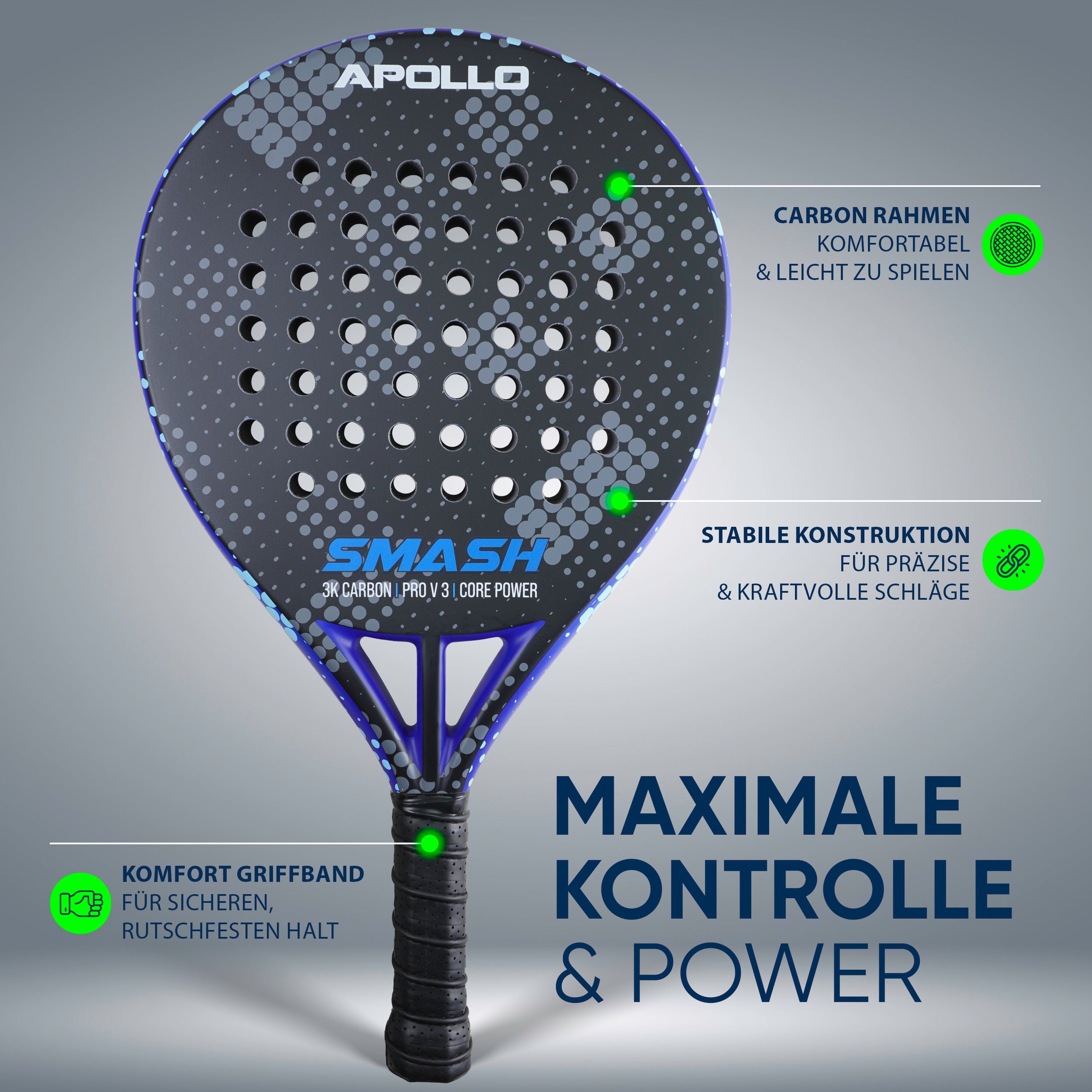 Apollo Funsport - Padelschläger / Padel Rackets - 3K Smash - Silver Blue