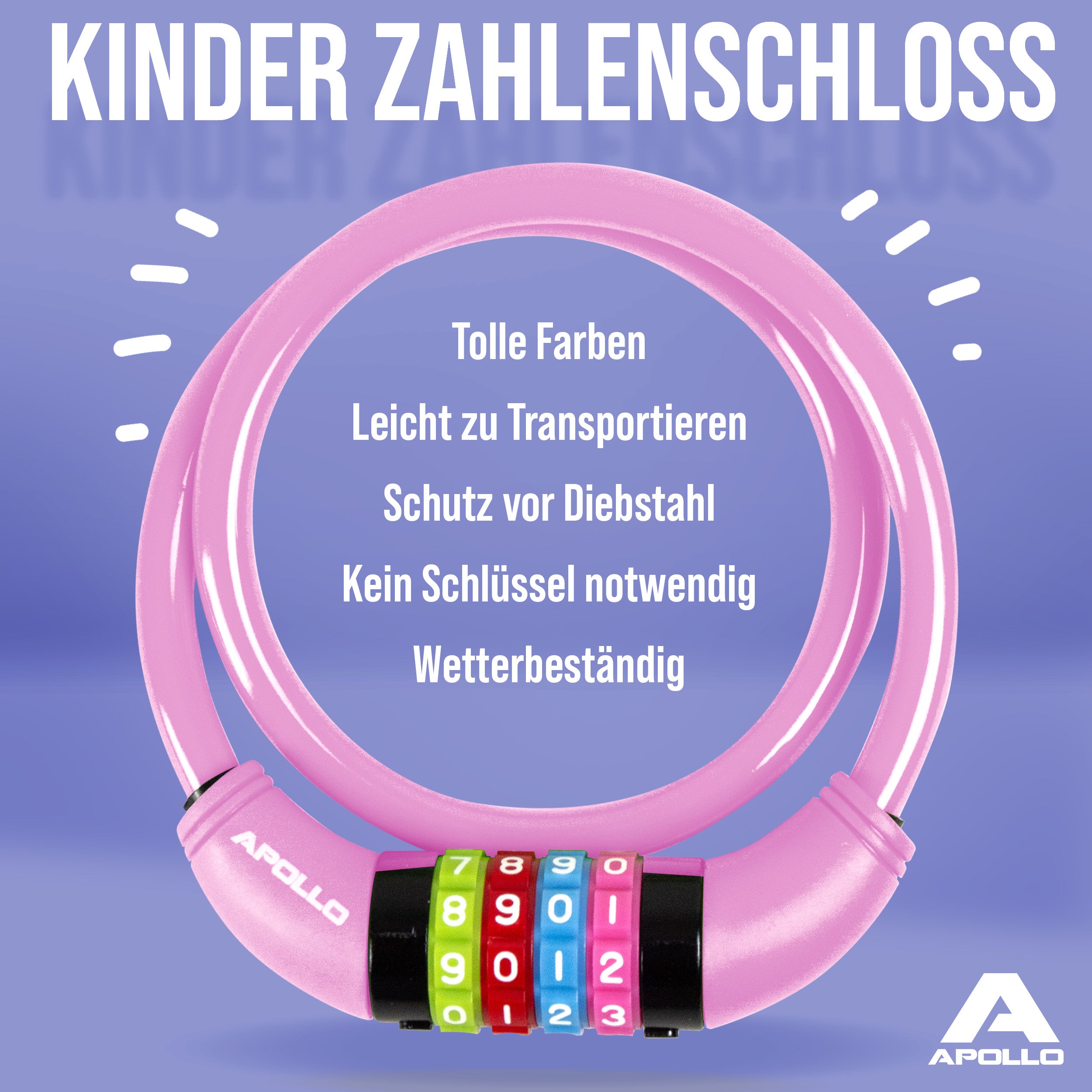 Apollo - Fahrradschloss mit Zahlen für Kinder, 10x650 mm, Scooter Schloss,Zahlenschloss - Pink