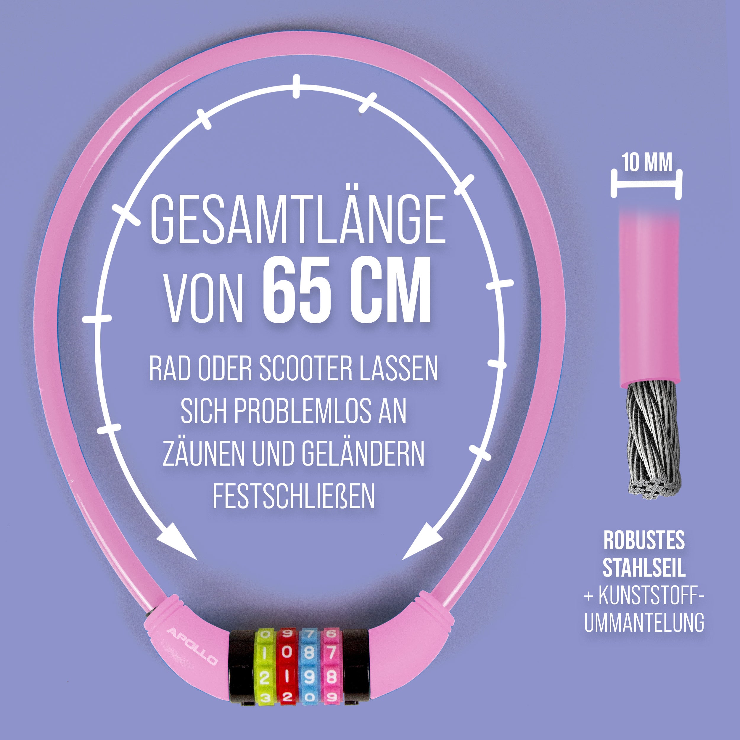 Apollo - Fahrradschloss mit Zahlen für Kinder, 10x650 mm, Scooter Schloss,Zahlenschloss - Pink