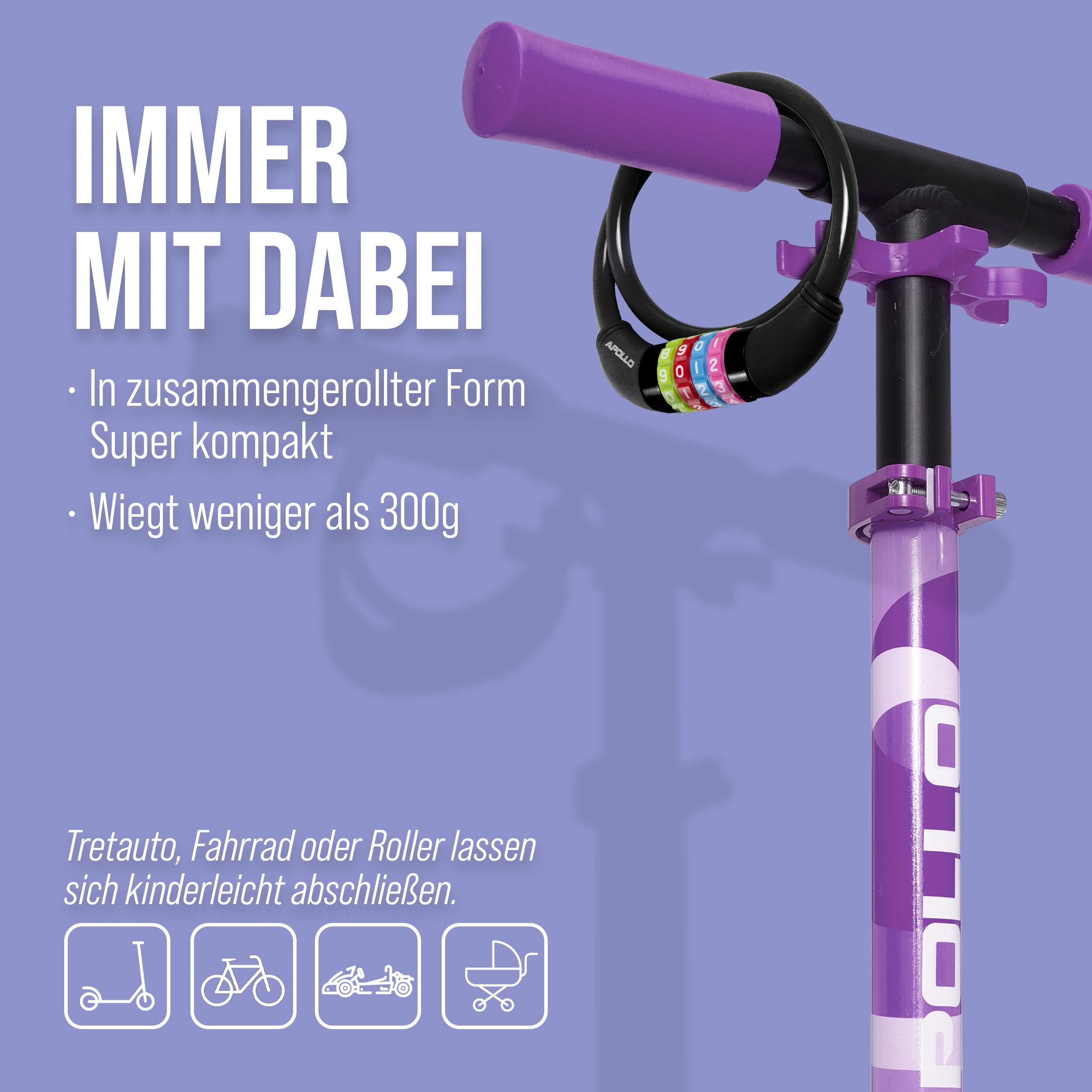 Apollo - Fahrradschloss mit Zahlen für Kinder, 10x650 mm, Scooter Schloss,Zahlenschloss - Schwarz