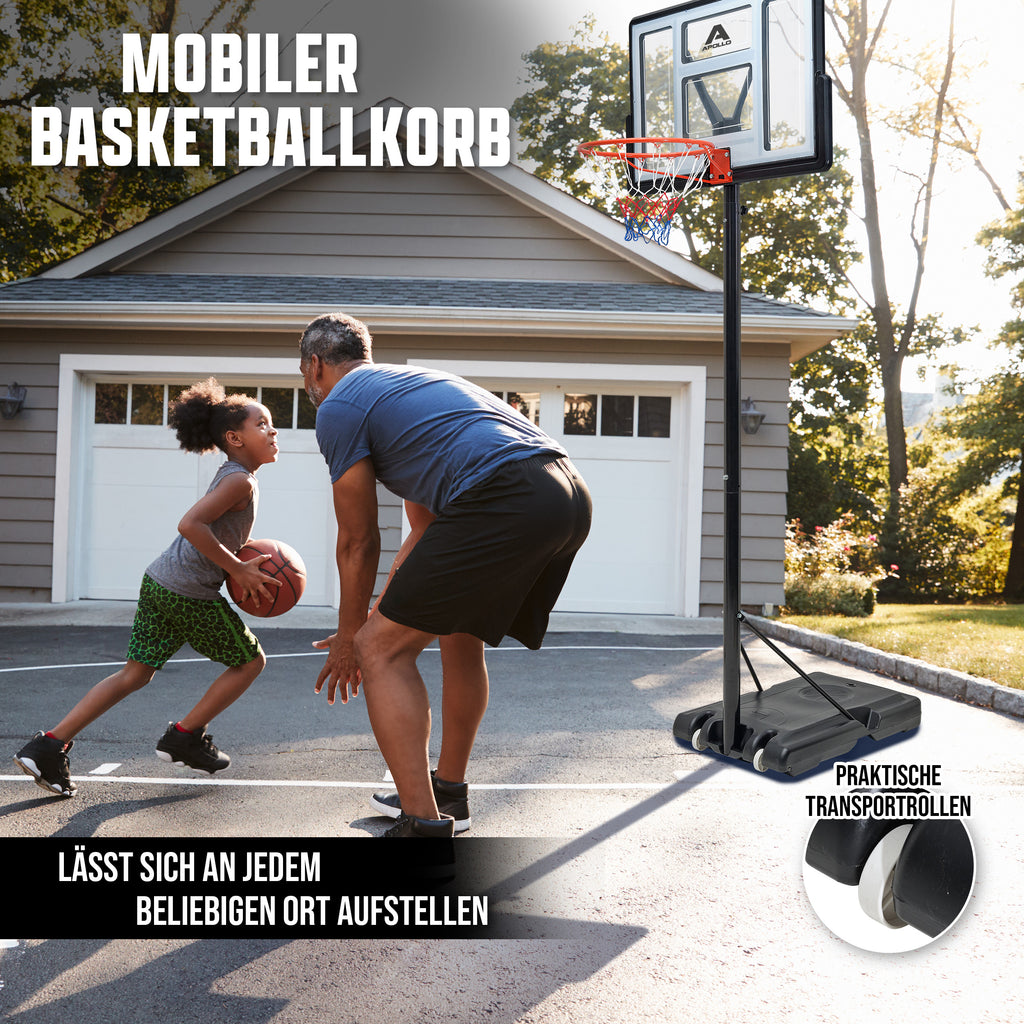 Apollo - Basketballkorb mit Ständer, Rollen, Basketball und Pumpe - official Size 230-305 cm