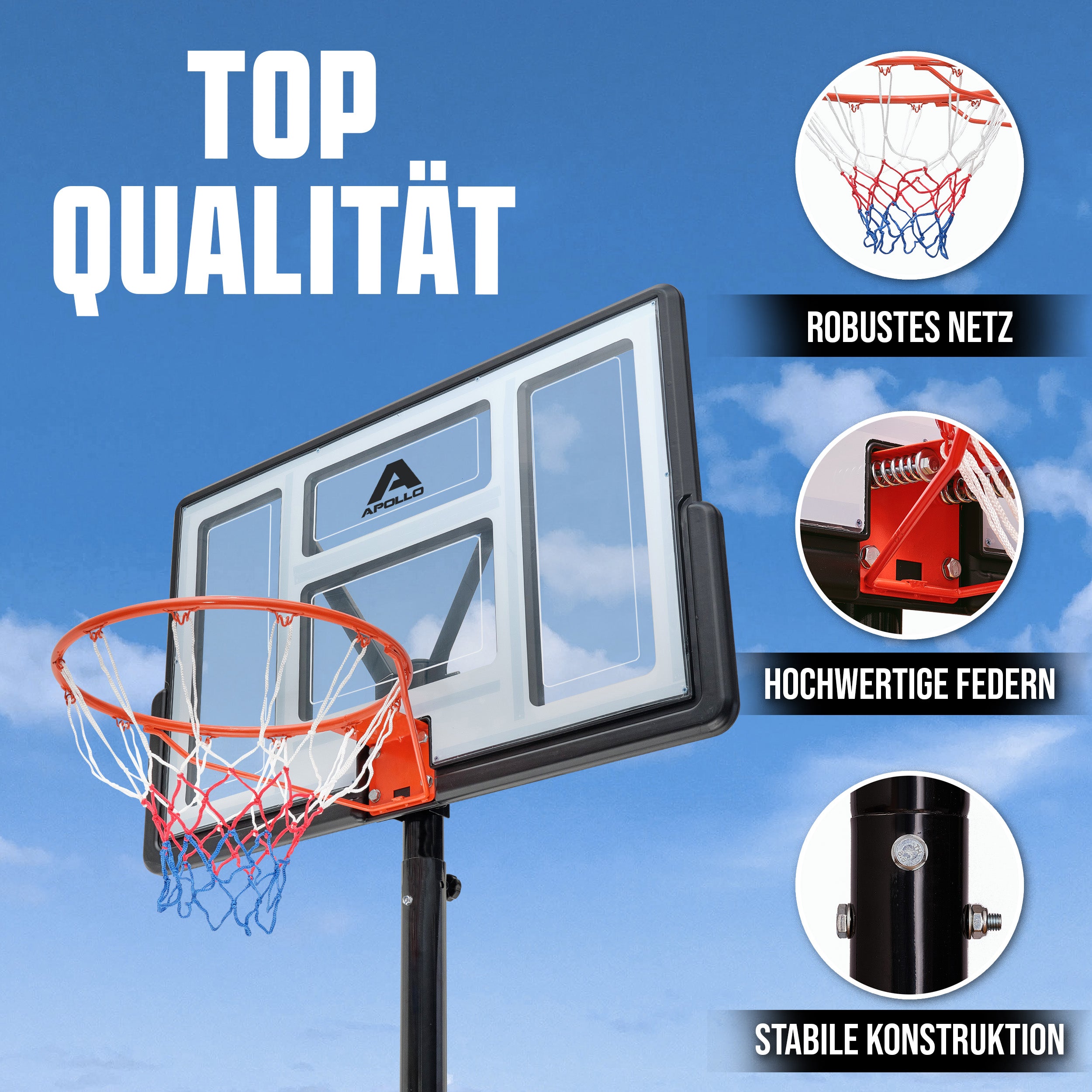 Apollo - Basketballkorb mit Ständer, Rollen, Basketball und Pumpe - official Size 230-305 cm