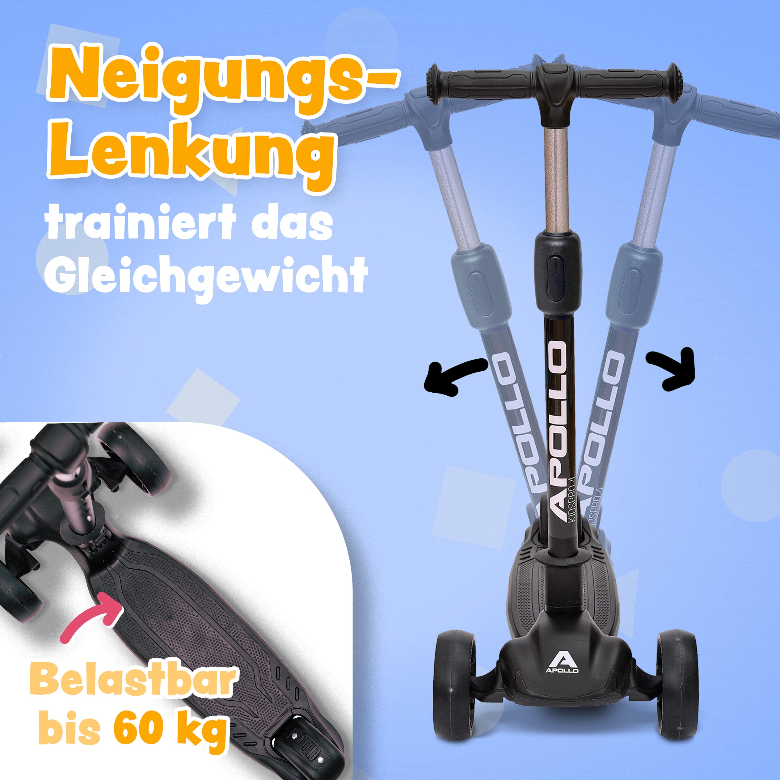Apollo - Kinderscooter "KidsPro4" klappbarer LED Roller - Schwarz
