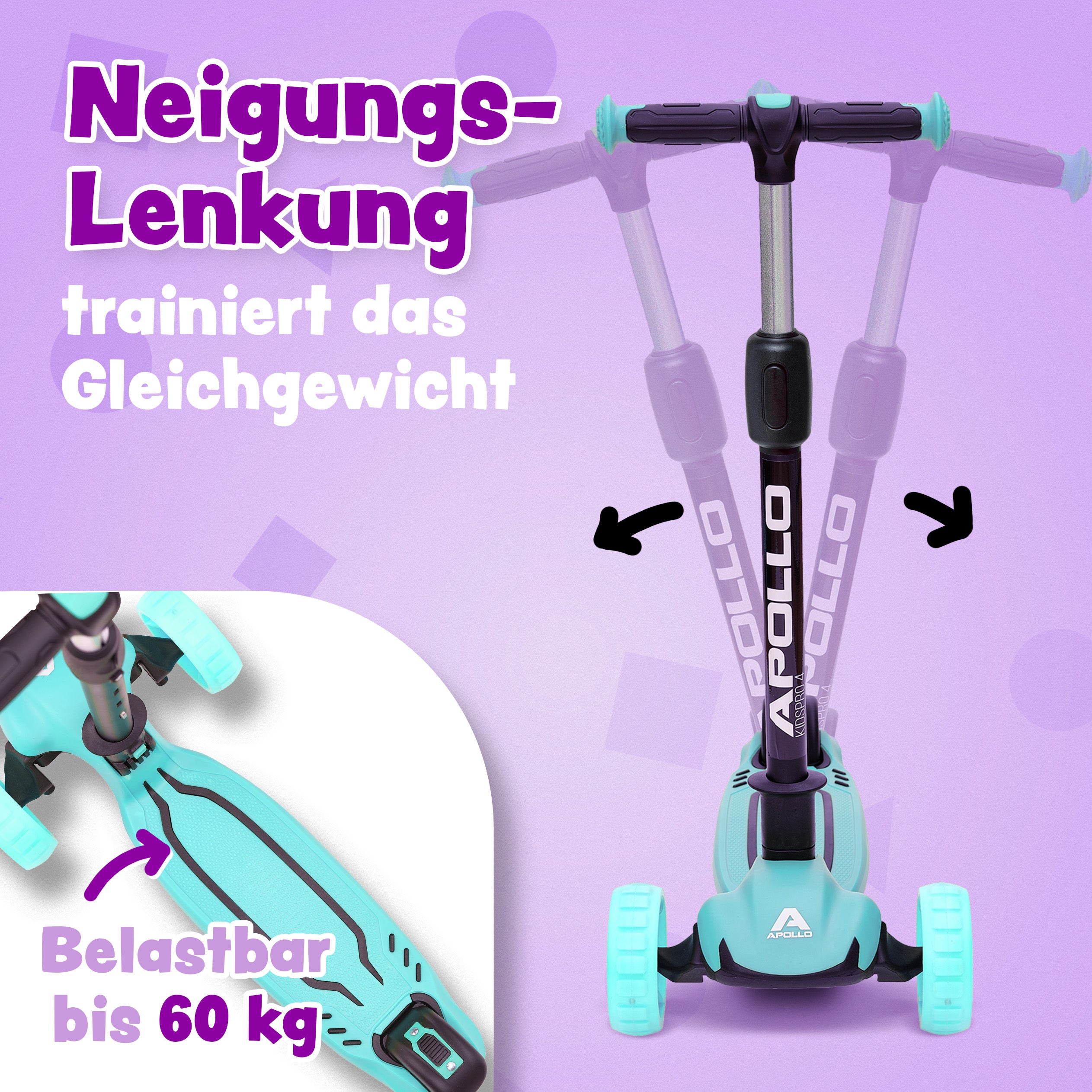 Apollo - Kinderscooter "KidsPro4" klappbarer LED Roller - Mint