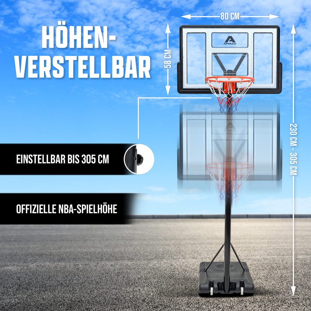 Apollo - Basketballkorb mit Ständer, Rollen, Basketball und Pumpe - official Size 230-305 cm