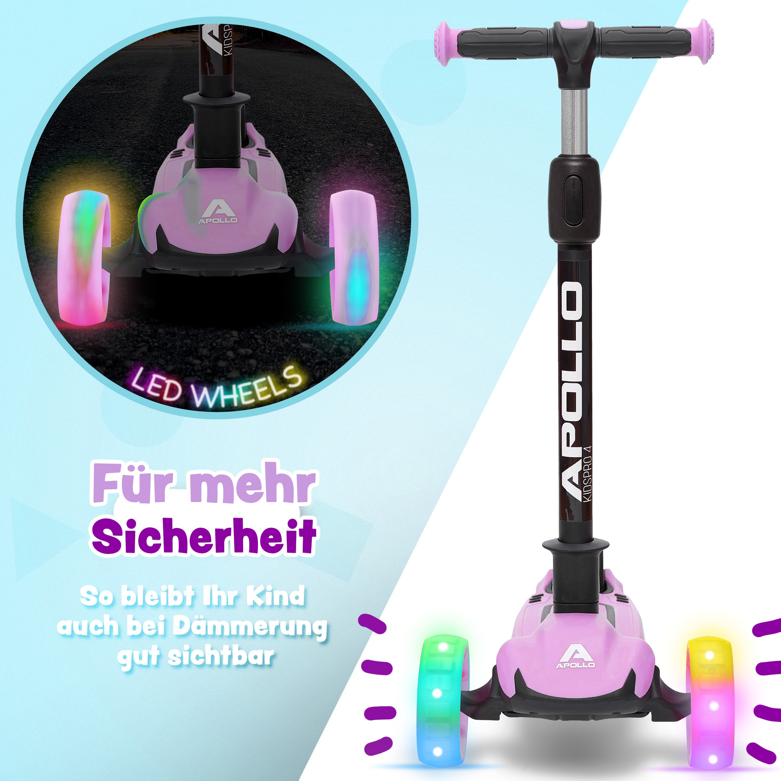 Apollo - Kinderscooter "KidsPro4" klappbarer LED Roller - Violet