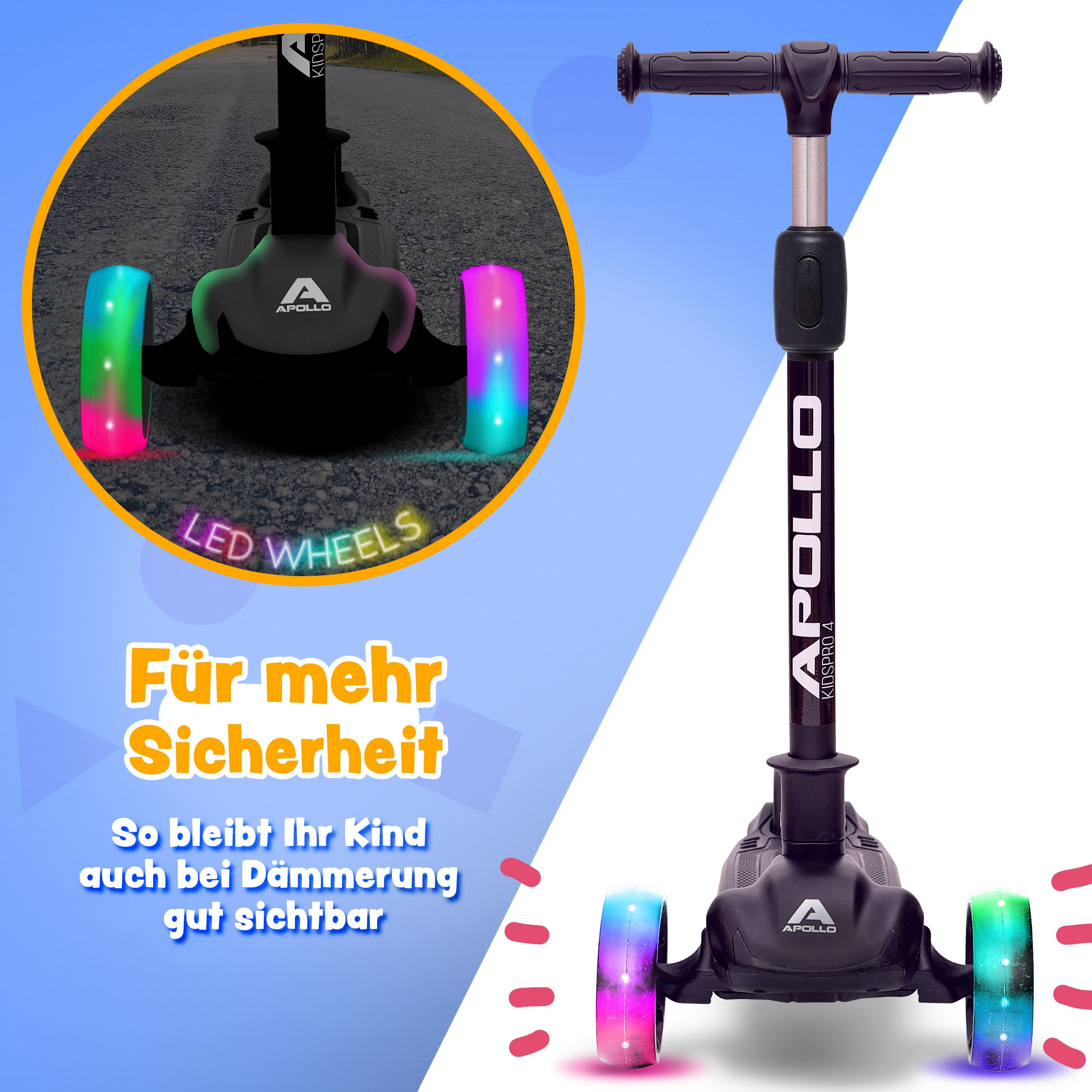Apollo - Kinderscooter "KidsPro4" klappbarer LED Roller - Schwarz