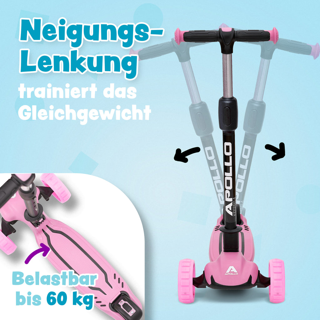 Apollo - Kinderscooter "KidsPro4" klappbarer LED Roller - Pink