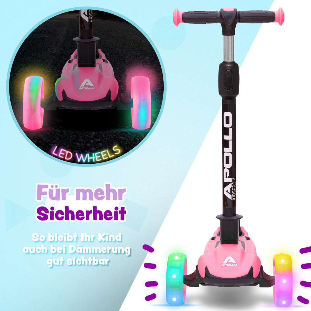 Apollo - Kinderscooter "KidsPro4" klappbarer LED Roller - Pink