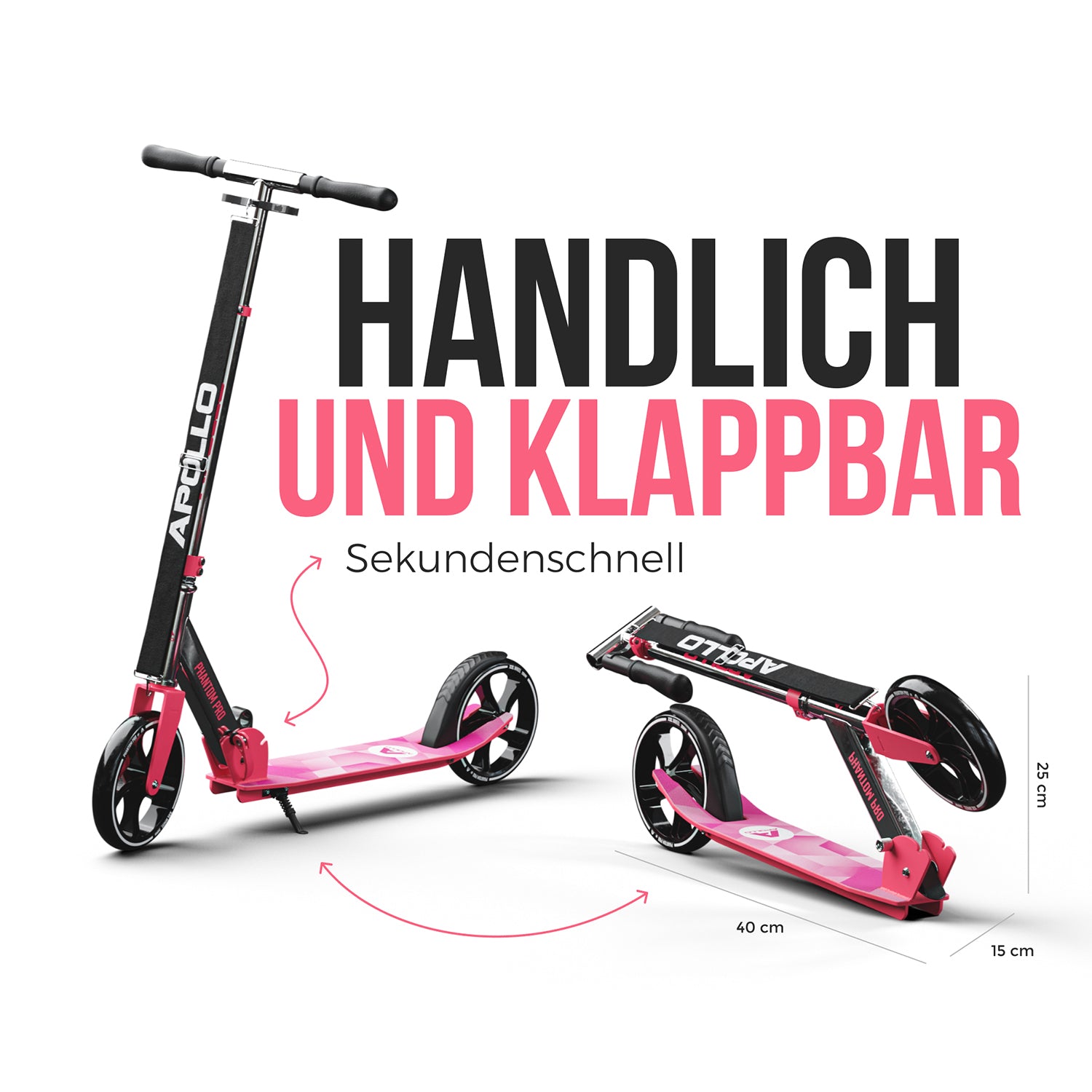 Apollo - Klappbarer City Roller für Kinder "Phantom" höhenverstellbarer Tretroller - Pink Silber