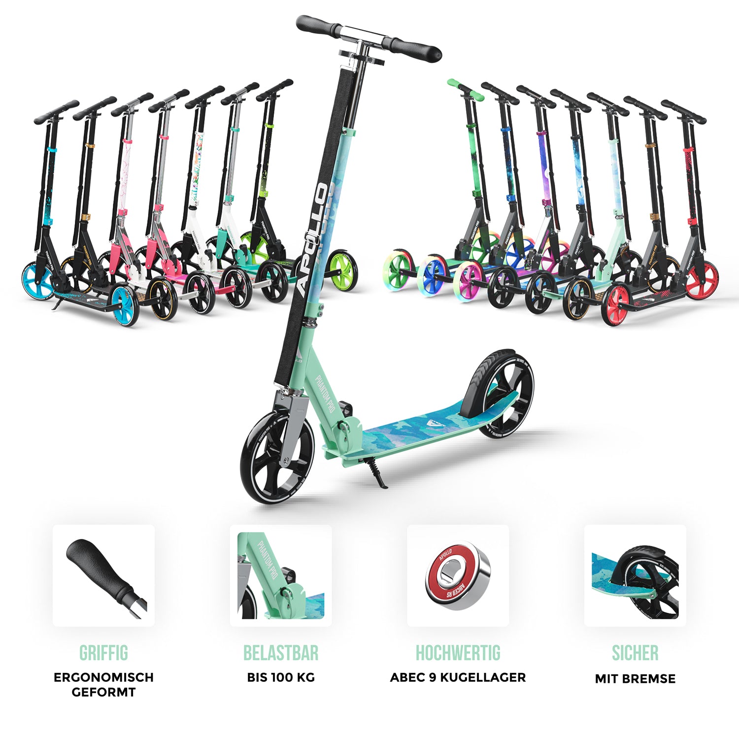 Apollo - Klappbarer City Roller für Kinder "Phantom" höhenverstellbarer Tretroller - Watercolor