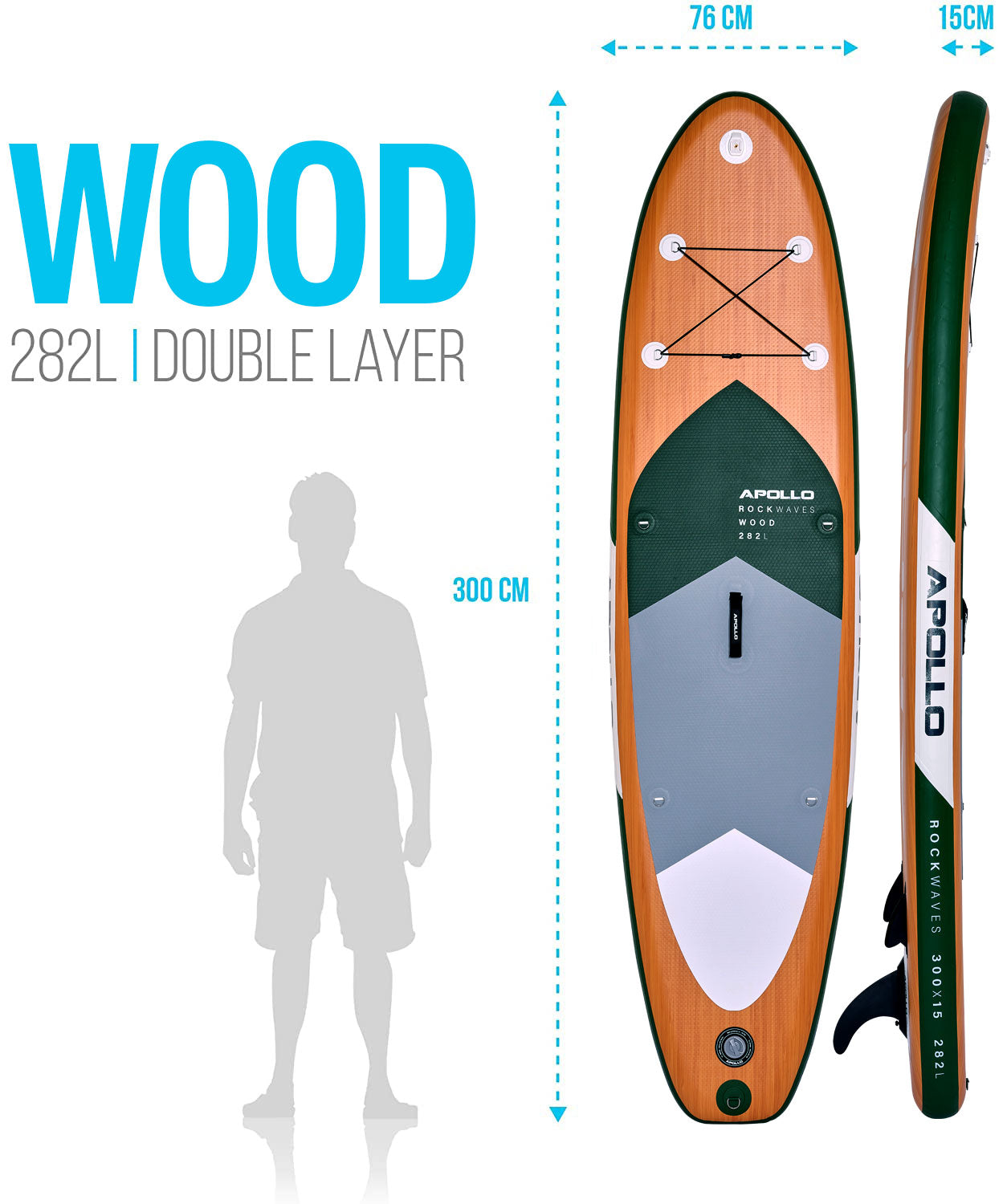 Apollo Funsport - SUP Board Komplett-Set Aufblasbares Stand Up Paddle Board - Wood - Wood Green
