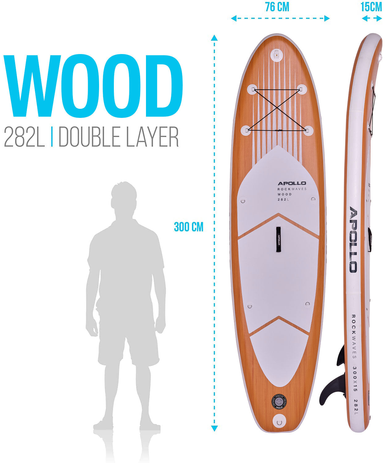 Apollo Funsport - SUP Board Komplett-Set Aufblasbares Stand Up Paddle Board - Wood - Wood White