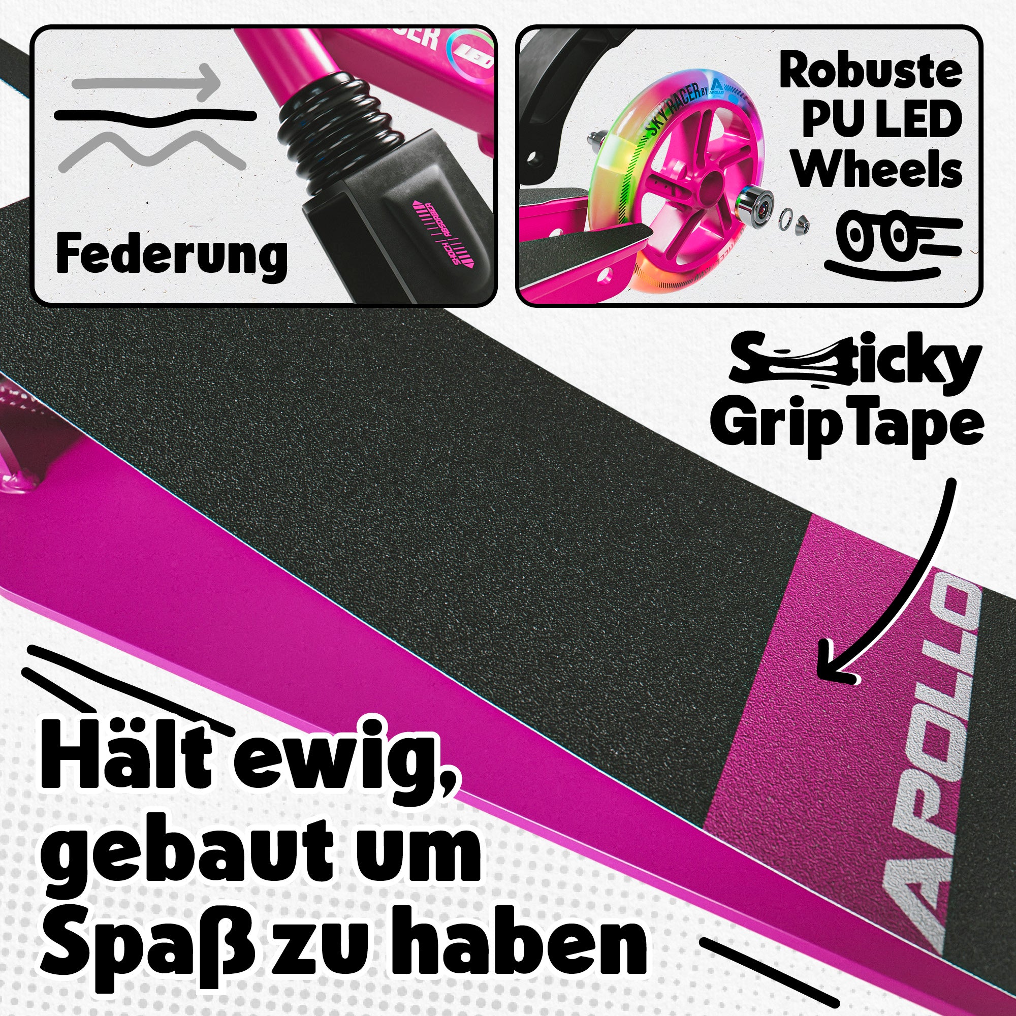 Apollo - 145mm City Scooter mit Federung "Skyracer" klappbar und höhenverstellbar - Pink Weiß