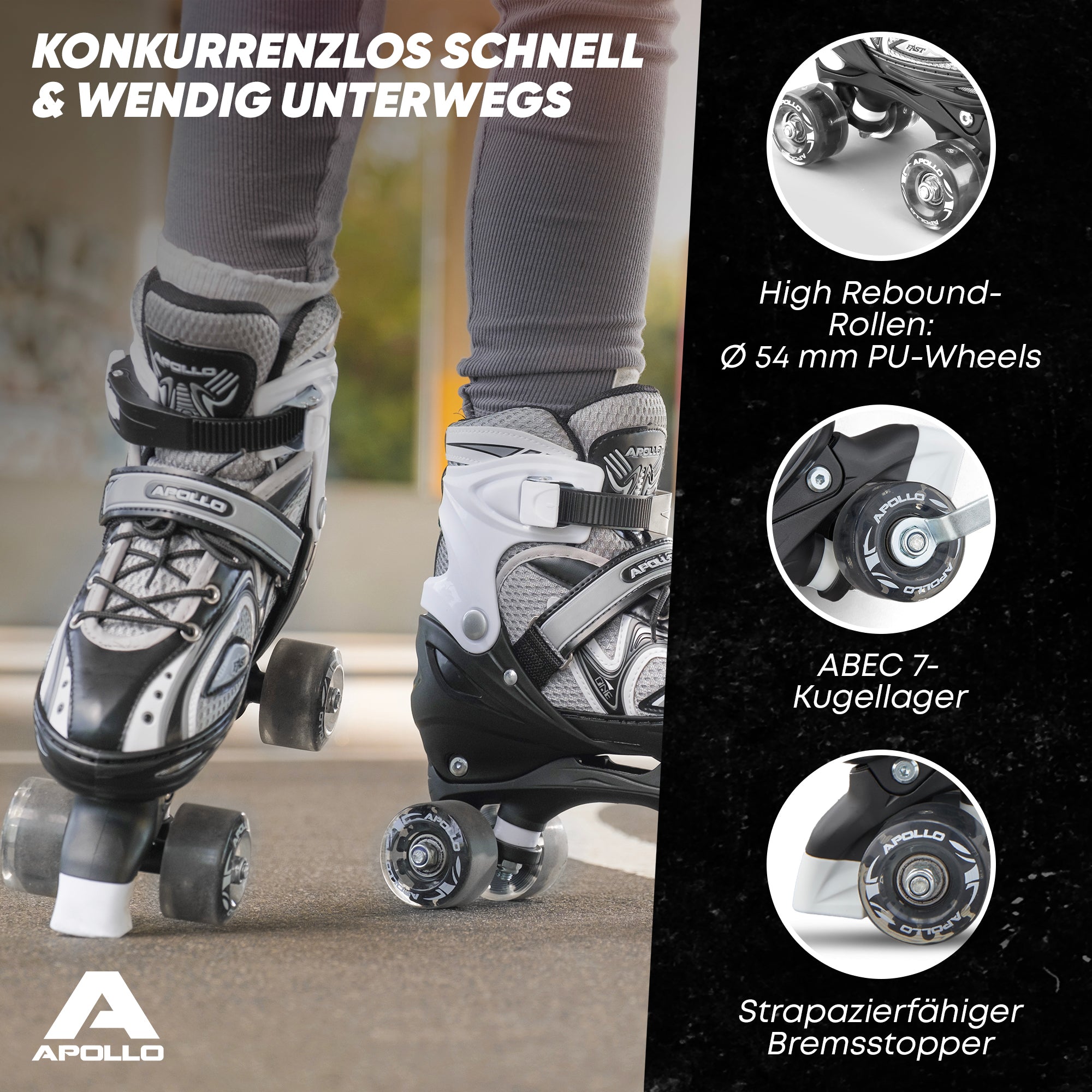 Apollo - Super Quad größenverstellbare verstellbare Rollschuhe für Kinder - Schwarz -