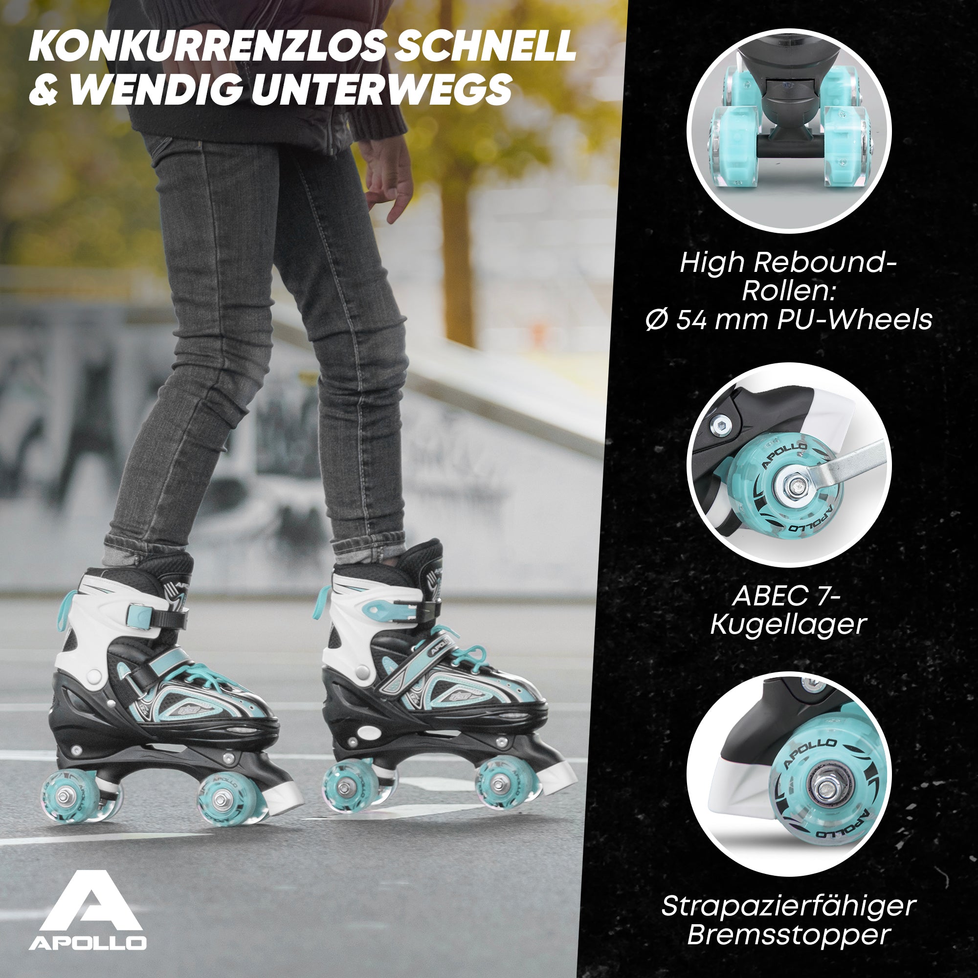 Apollo - Super Quad größenverstellbare verstellbare Rollschuhe für Kinder - Türkis -