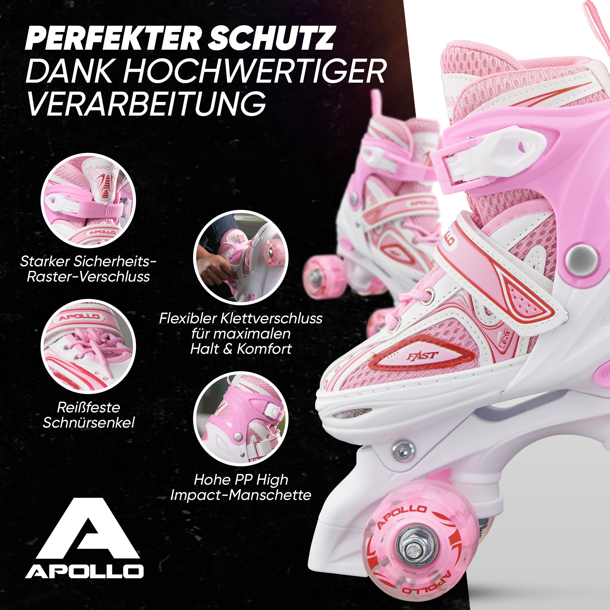 Apollo - Super Quad größenverstellbare verstellbare Rollschuhe für Kinder - Weiß Pink -